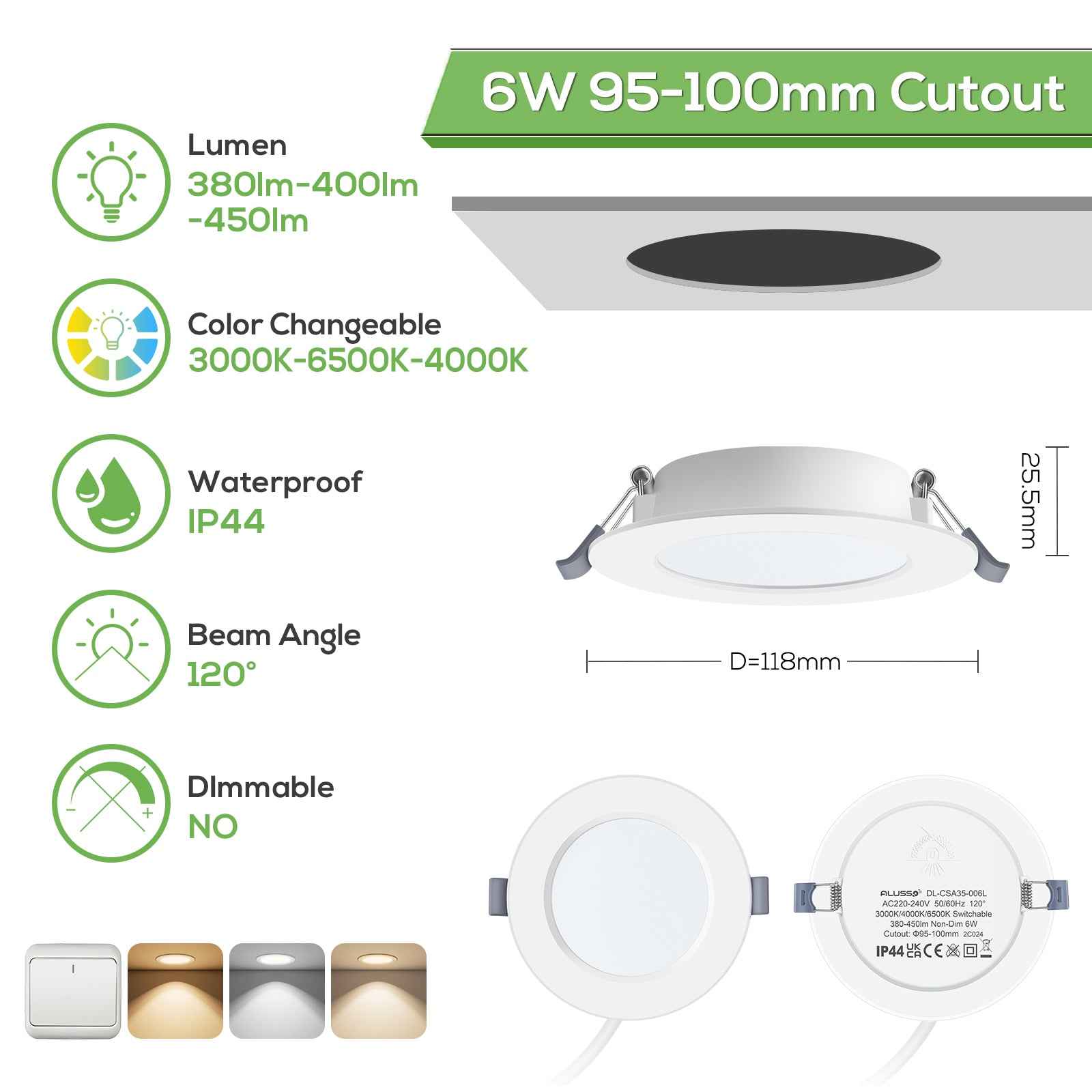 6W Ø95-100mm LED Recessed Ceiling Lights 3000K-6500K-4000K Changeable Utral Slim, IP44, 6 Pack - ALUSSO LIGHTING