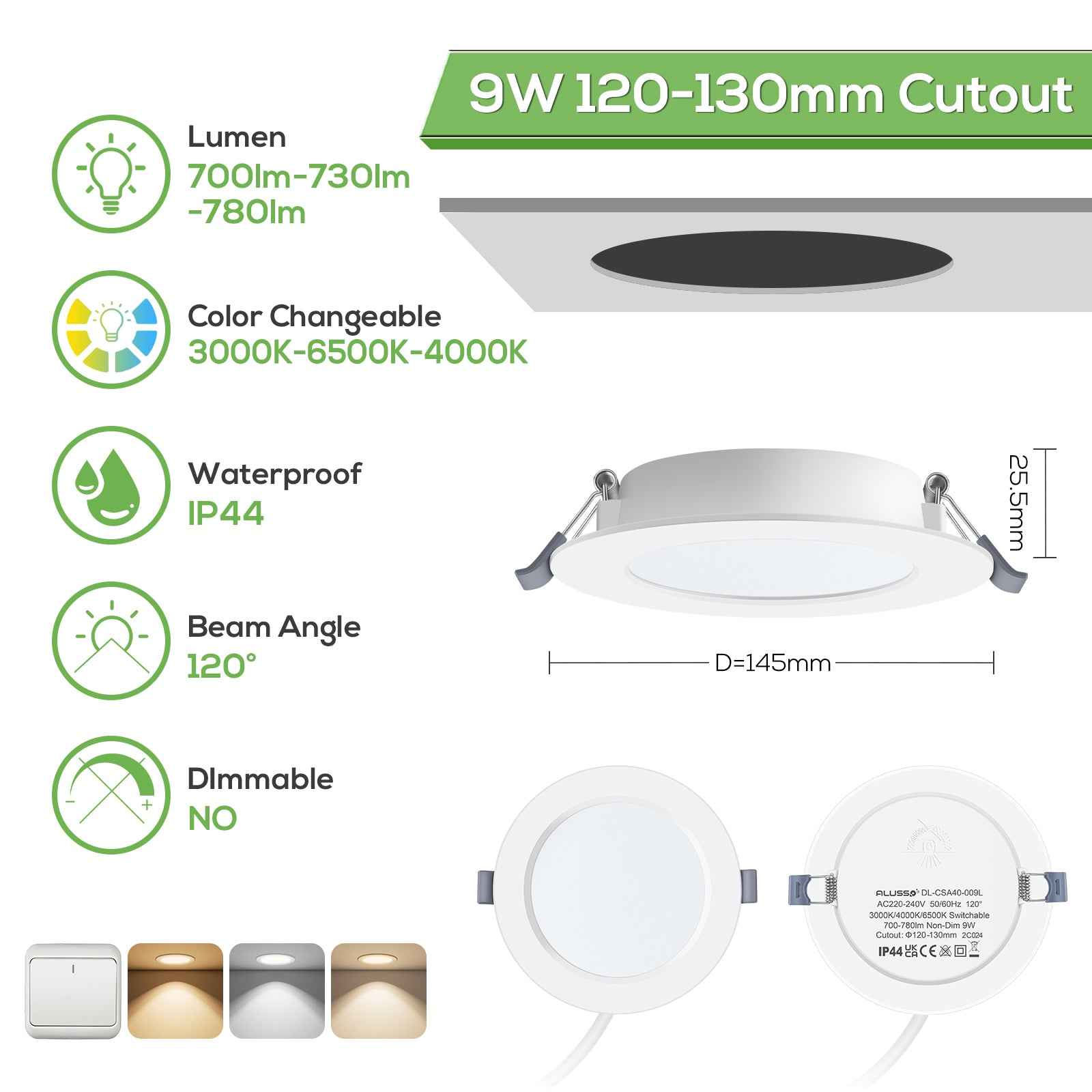 9W Ø120-130mm LED Recessed Ceiling Lights 3000K-4000K-6500K Changeable Utral Slim, IP44, 6 Pack - ALUSSO LIGHTING