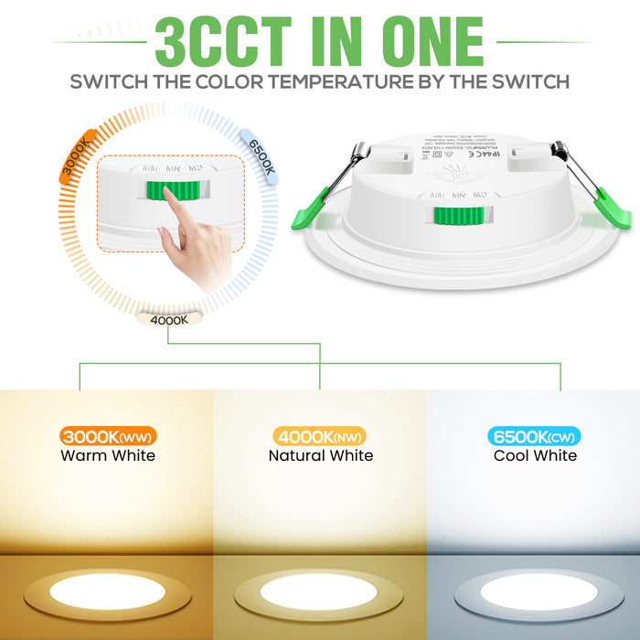 10W Ultra Slim LED Downlight CCT Dimmable IP44,Cutout 120-135mm 6 Pack