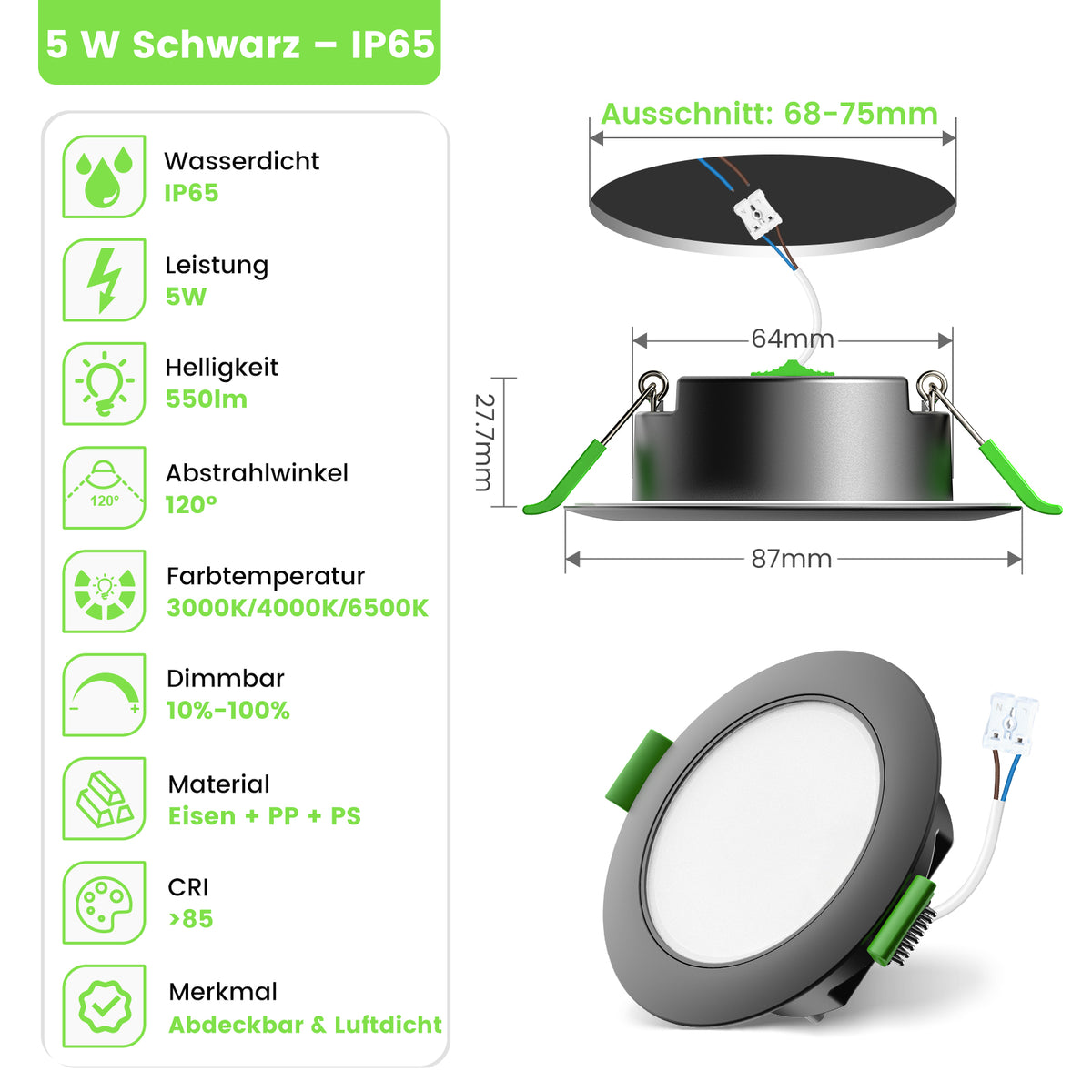 5W Iron LED Recessed Downlight 67-75mm Cutout 3CCT Dimmable IP65, Airtight Insulation Coverable, IC-Rated White Fame, 6 Pack