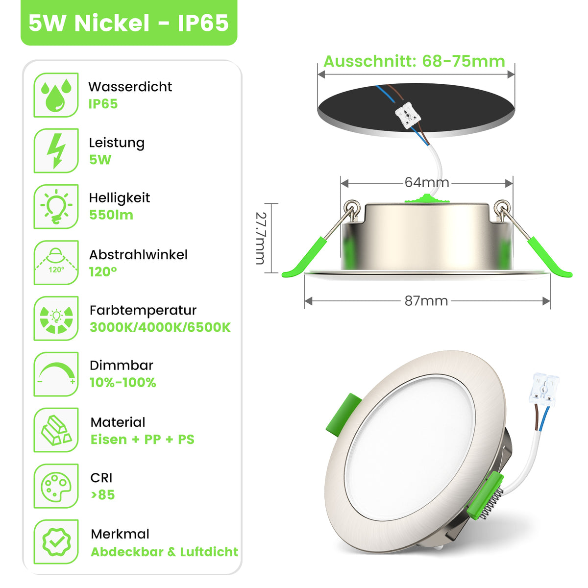 5W Iron LED Recessed Downlight 67-75mm Cutout 3CCT Dimmable IP65, Airtight Insulation Coverable, IC-Rated White Fame, 6 Pack