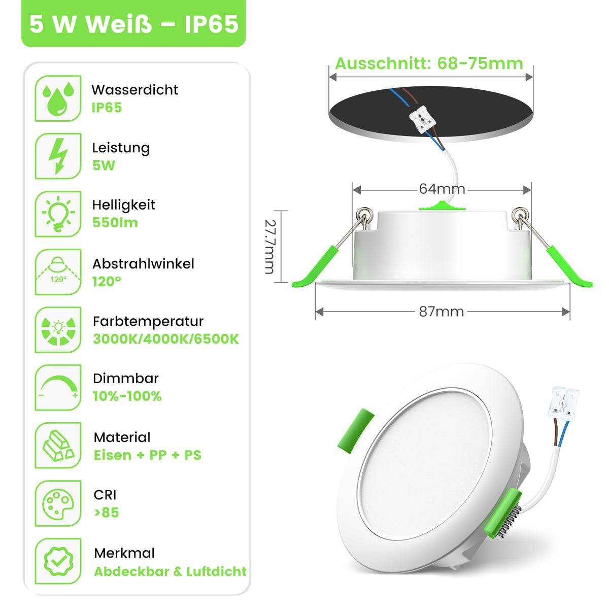5W Iron LED Recessed Downlight 67-75mm Cutout 3CCT Dimmable IP65, Airtight Insulation Coverable, IC-Rated White Fame, 6 Pack