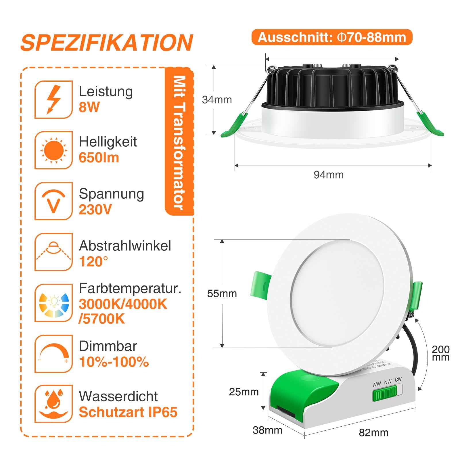 8W LED CCT Dimmable Downlight, Cutout Ø 70-88mm 6 Pack, with External Driver - ALUSSO LIGHTING