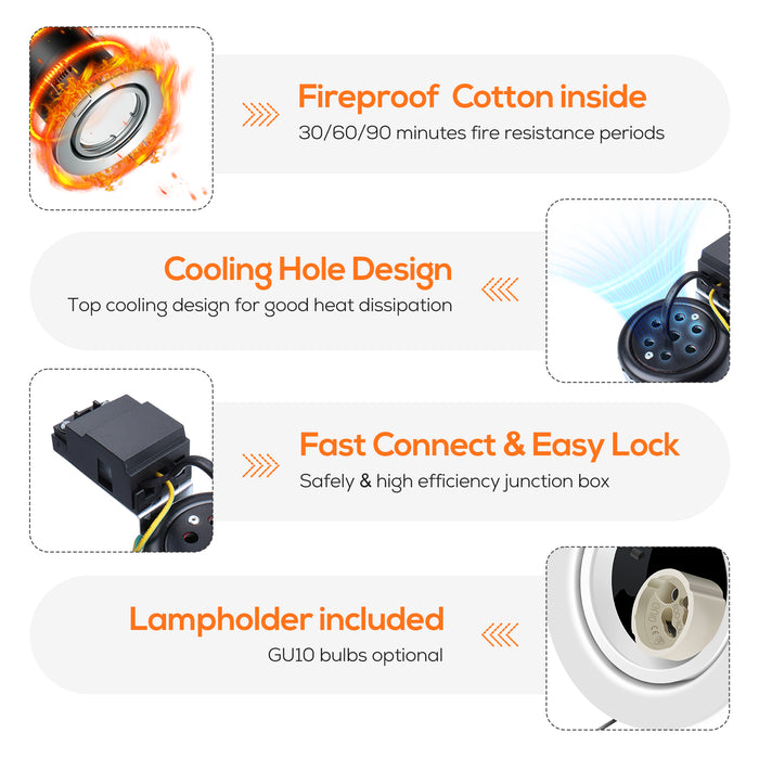 Fire Rated LED Downlight IP20/IP65 Fixed/Tilt Lamp Housing, With/Withgout GU10 Bulbs, Pack of 6
