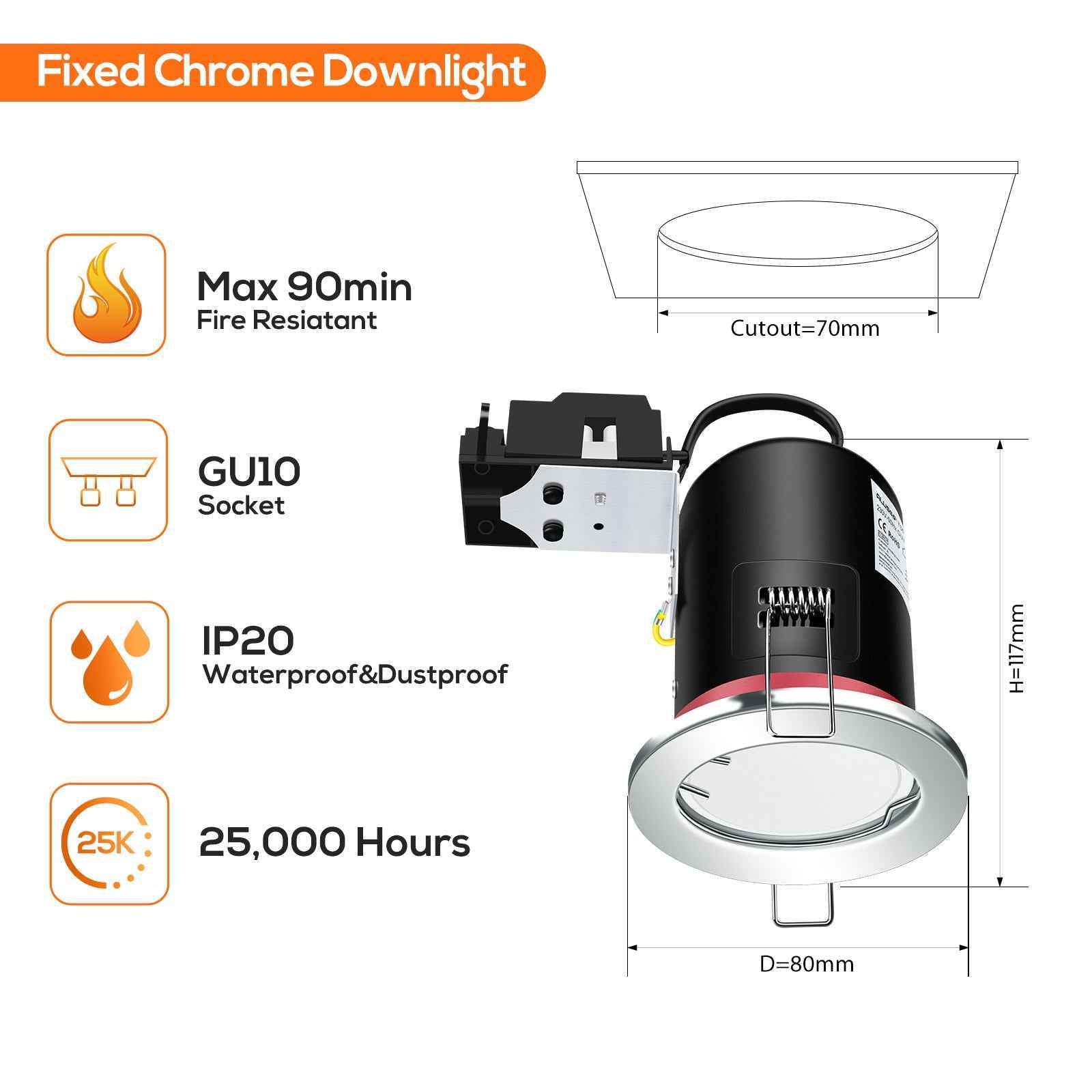 Fire Rated LED Downlight IP20/IP65 Fixed/Tilt Lamp Housing, With/Withgout GU10 Bulbs, Pack of 6 - ALUSSO LIGHTING