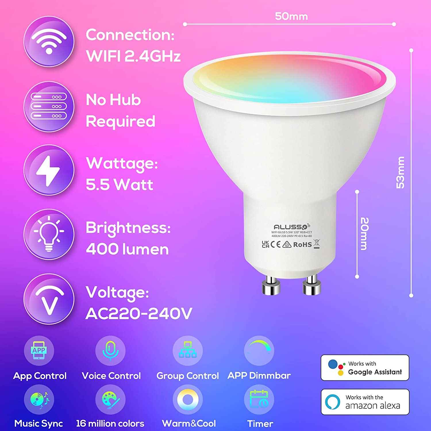 WiFi 5.5W Smart GU10 LED Bulbs, 38° Beam Angle, RGB CCT Dimmable, 4 Pack, Alexa Google Home App Control - ALUSSO LIGHTING