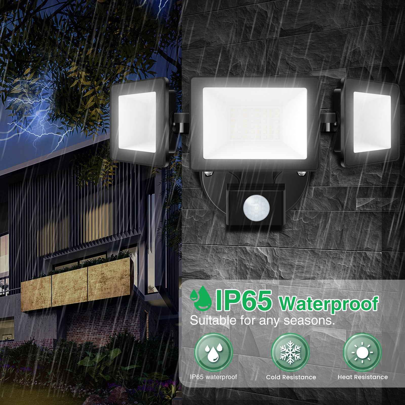 Triple Head 30W LED Security Flood Light with PIR Motion Sensor, 2400lm, IP65 - ALUSSO LIGHTING