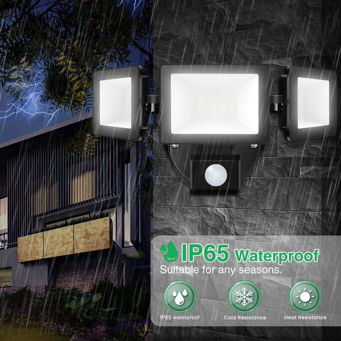 Triple Head 30W LED Security Flood Light with PIR Motion Sensor, 2400lm, IP65