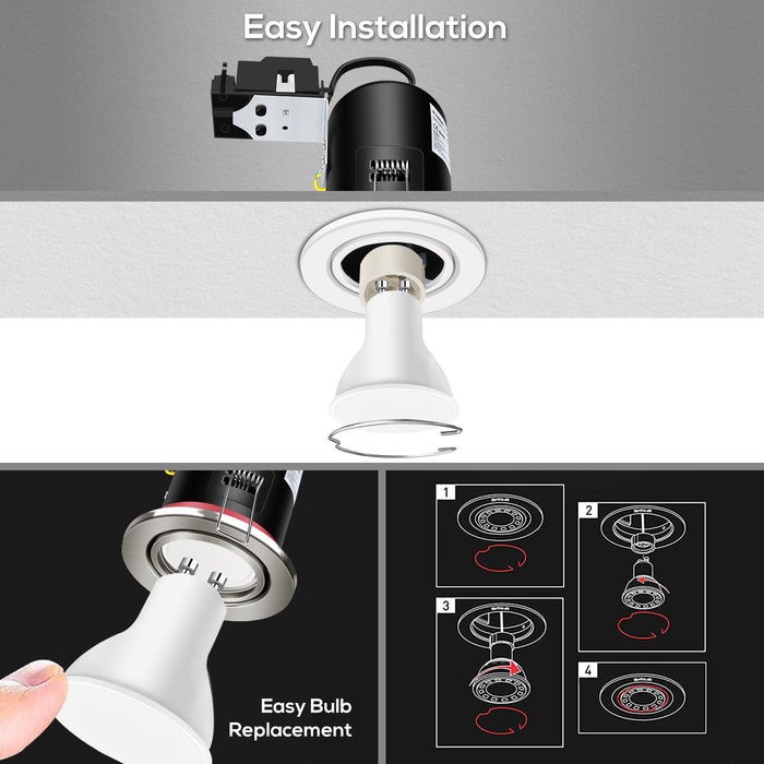 Fire Rated LED Downlight IP20/IP65 Fixed/Tilt Lamp Housing, With/Withgout GU10 Bulbs, Pack of 6