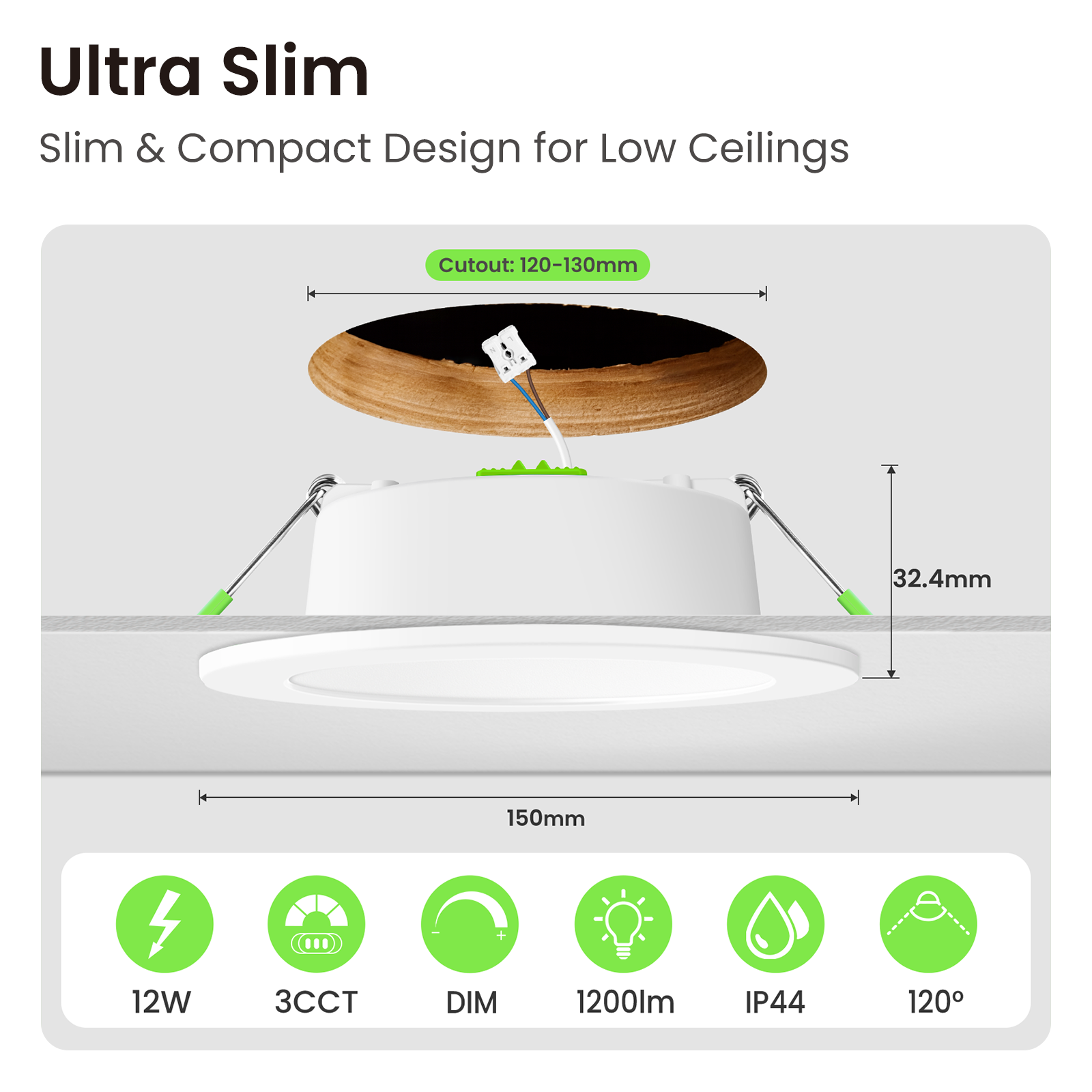 8W 10W 12W 90-130mm Recessed Led Ceiling Lights 1200lm High Bright, Tri-Color, Dimmable, IP44/IP65, 6 PACK