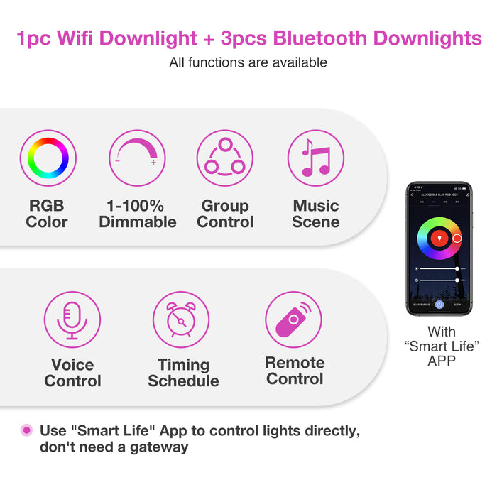 WiFi 8W LED Smart Bluetooth Downlight, Cutout 70-80mm, 4 Pack