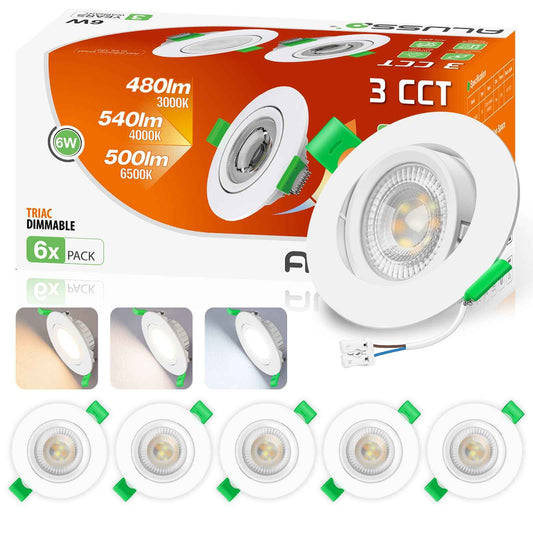 6W ∅75-78mm Swiveling White Recessed Led Ceiling Lights Tilt Angle, Tri-Color, Dimmable, 60°/120° Variable Beam Angle, IP20, 6 PACK - ALUSSO LIGHTING