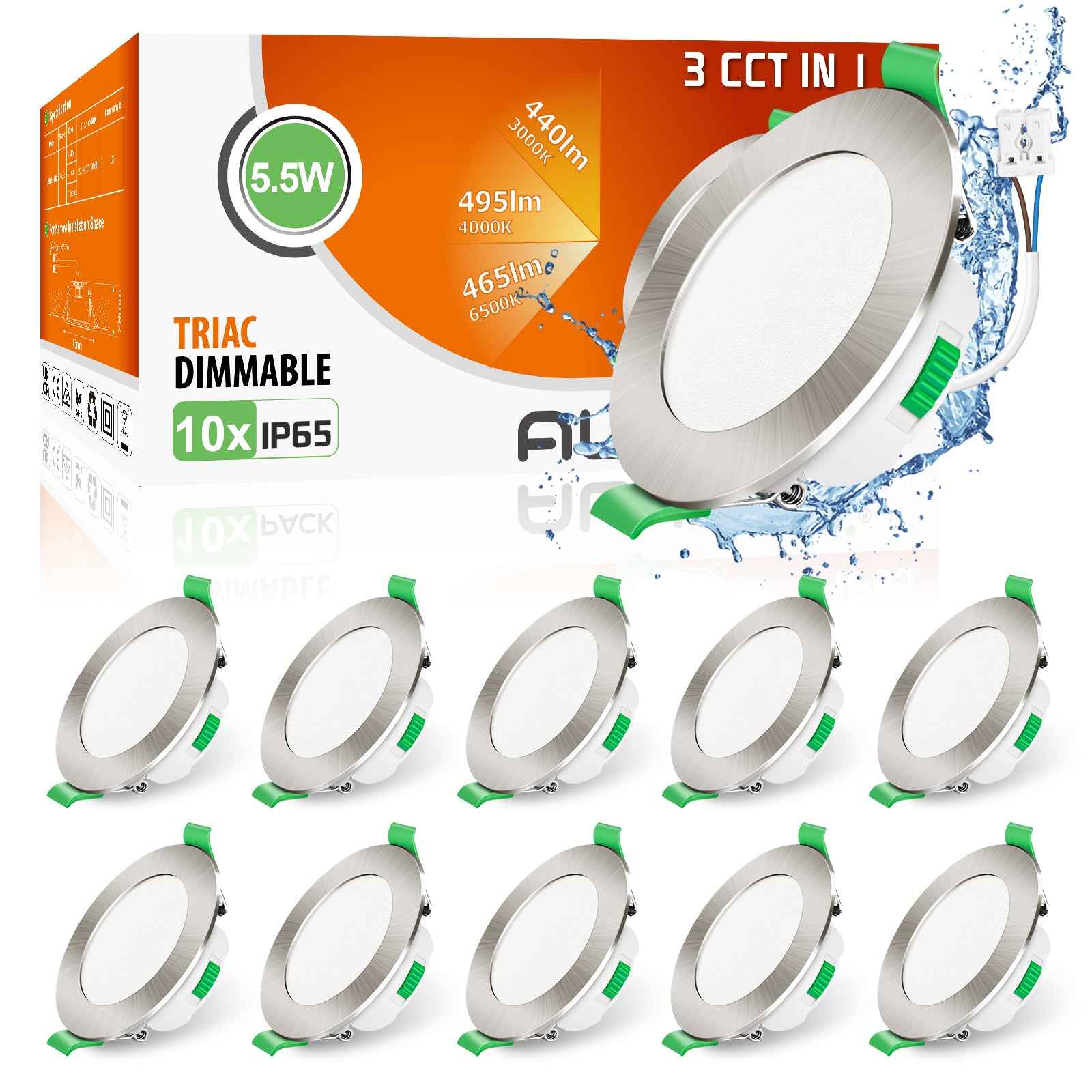 10pcs Nickel Recessed LED Ceiling Lights 5.5W Dimmbale 67-75mm Cutout IP65 Waterproof - ALUSSO LIGHTING