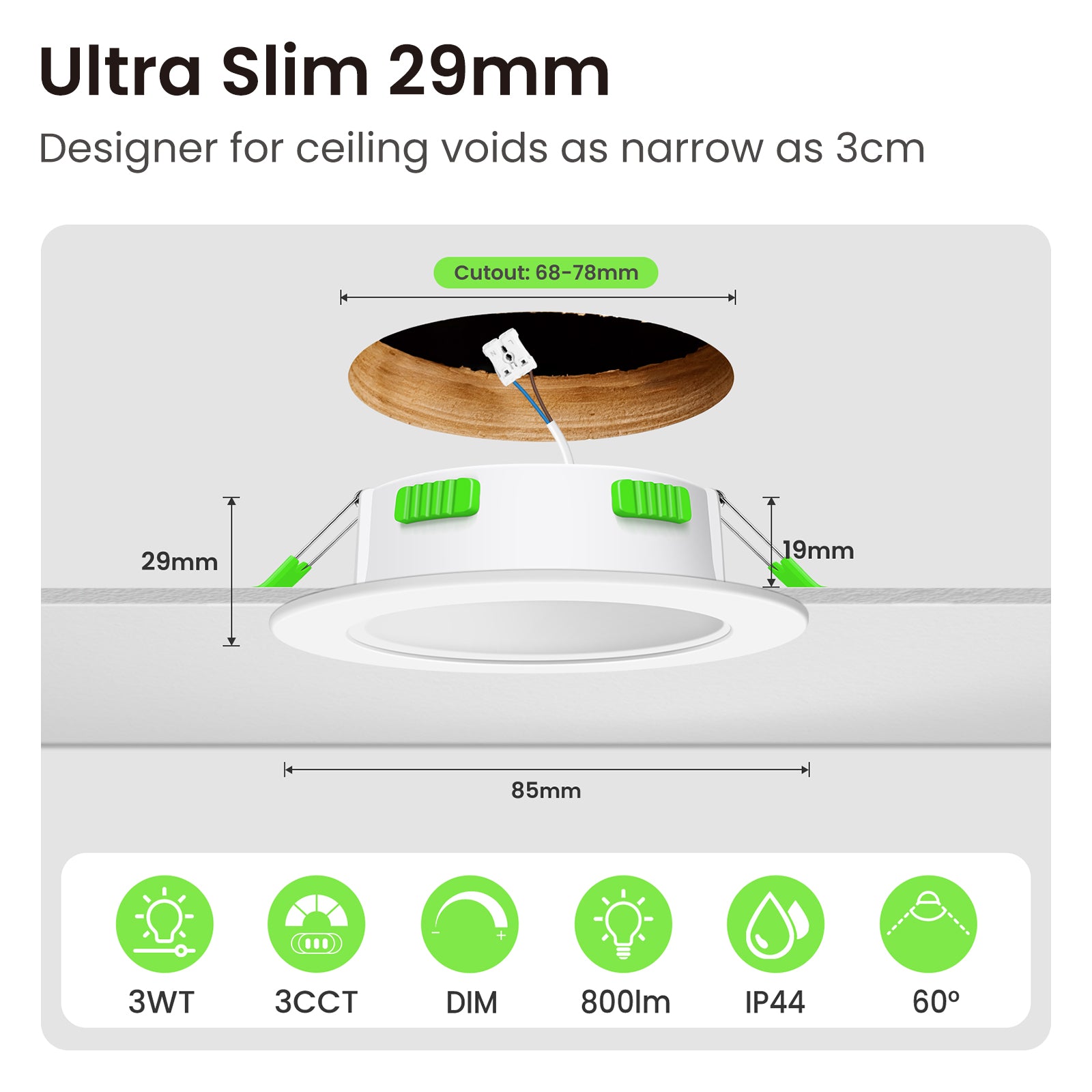 7W Standard Selection LED Recessed Downlight 67-75mm Cutout 3CCT Dimmable IP44/IP65, Night Light Version, 4/6/8W Wattage Turnable Version, White/Black/Nickel Frame, 6/10 Pack
