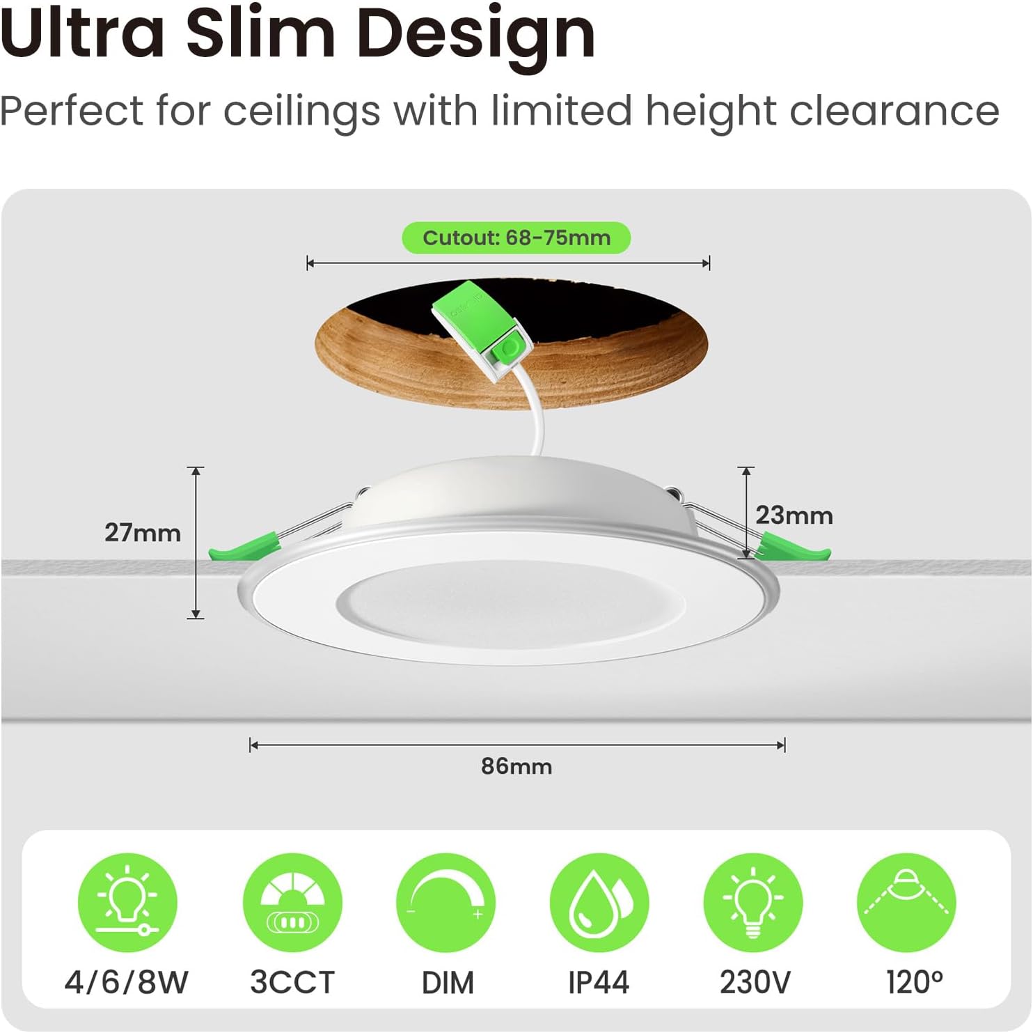 7W Standard Selection LED Recessed Downlight 67-75mm Cutout 3CCT Dimmable IP44/IP65, Night Light Version, 4/6/8W Wattage Turnable Version, White/Black/Nickel Frame, 6/10 Pack