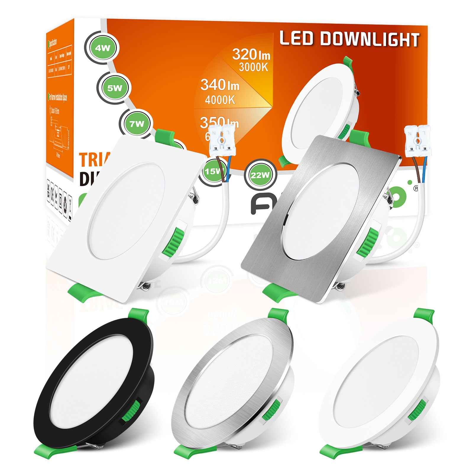 4W 5W 7W 10W 15W 22W Ultra Slim LED Downlight 55-205mm Cutout 3CCT 3000K 4000K 6500K Dimmable IP44 White/Nickel/Black Frame, 6 Pack - ALUSSO LIGHTING