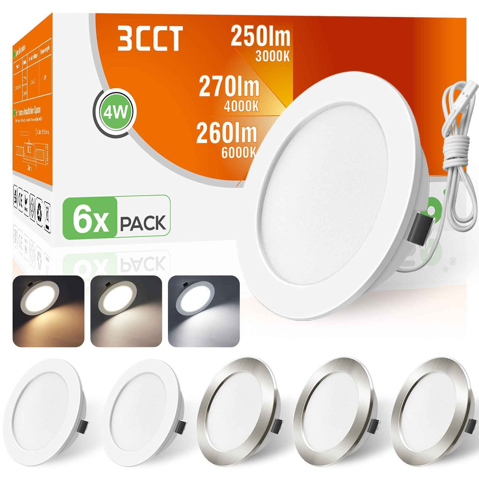 12V AC/DC RV 4W LED Recessed Ceiling Lights 3CCT, IP44, Cutout 55-58mm, 3 Pack, Nickel