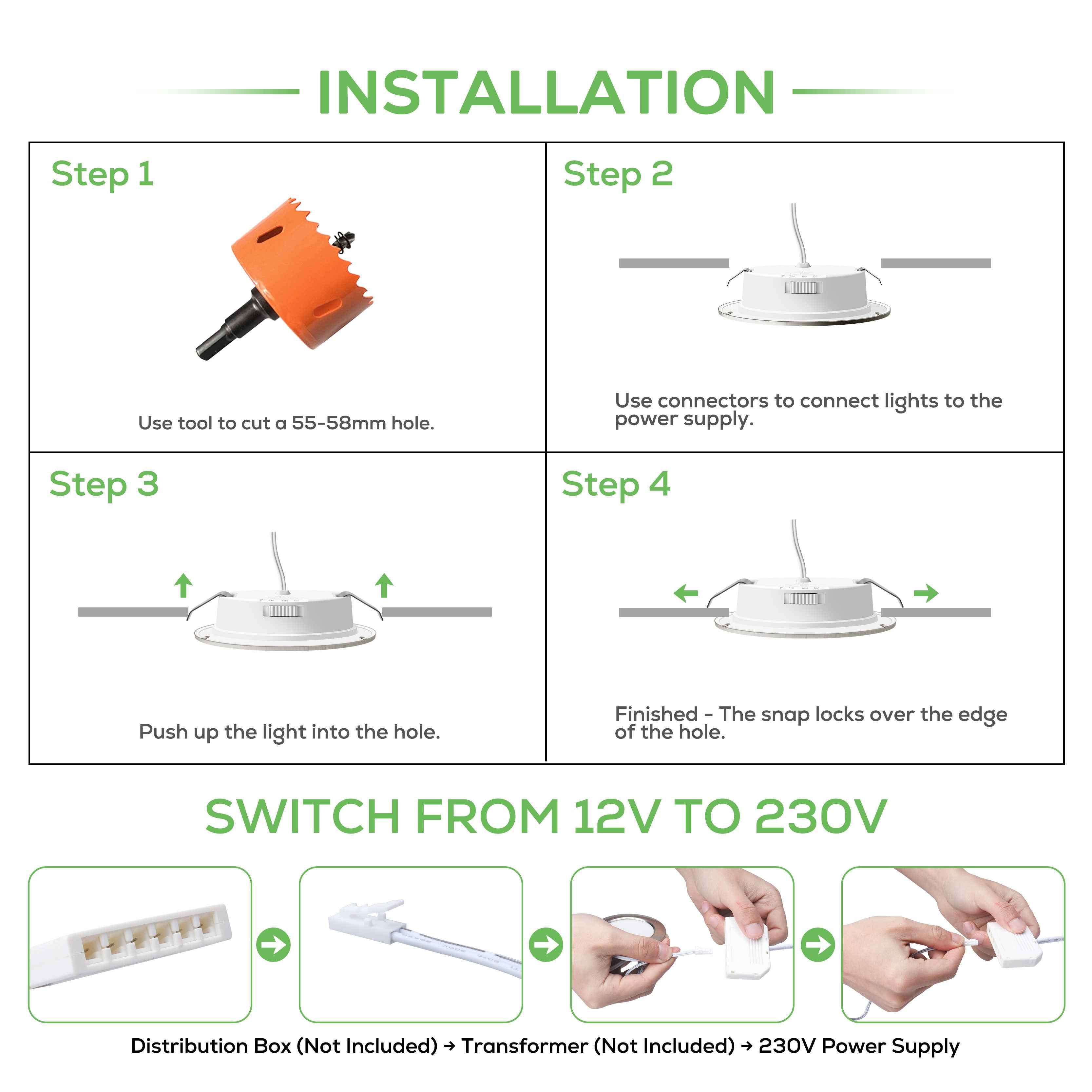 12V AC/DC RV 4W LED Recessed Ceiling Lights 3CCT, IP44, Cutout 55-58mm, 6 Pack, White / Nickel - ALUSSO LIGHTING