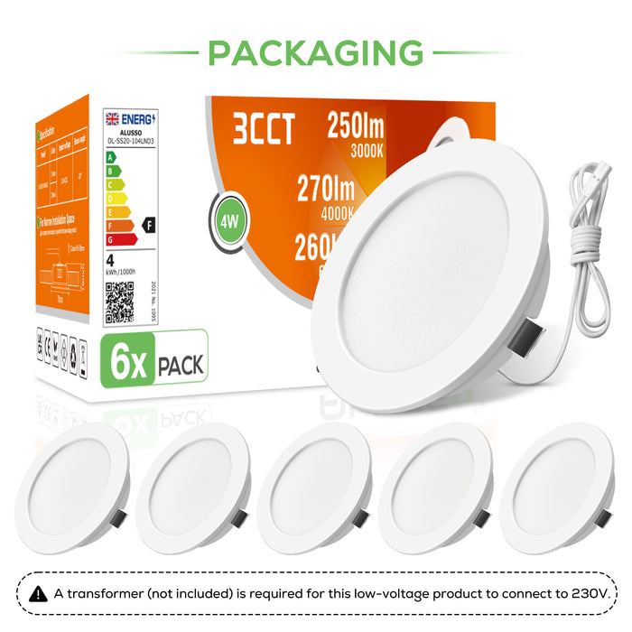 12V AC/DC RV 4W LED Recessed Ceiling Lights 3CCT, IP44, Cutout 55-58mm, 6 Pack, White / Nickel