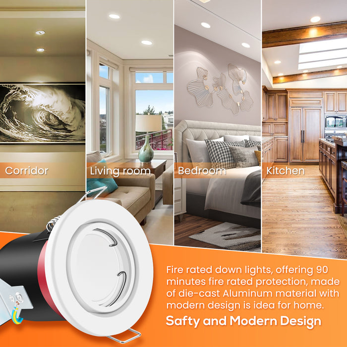 Fire Rated LED Downlight IP20/IP65 Fixed/Tilt Lamp Housing, With/Withgout GU10 Bulbs, Pack of 6