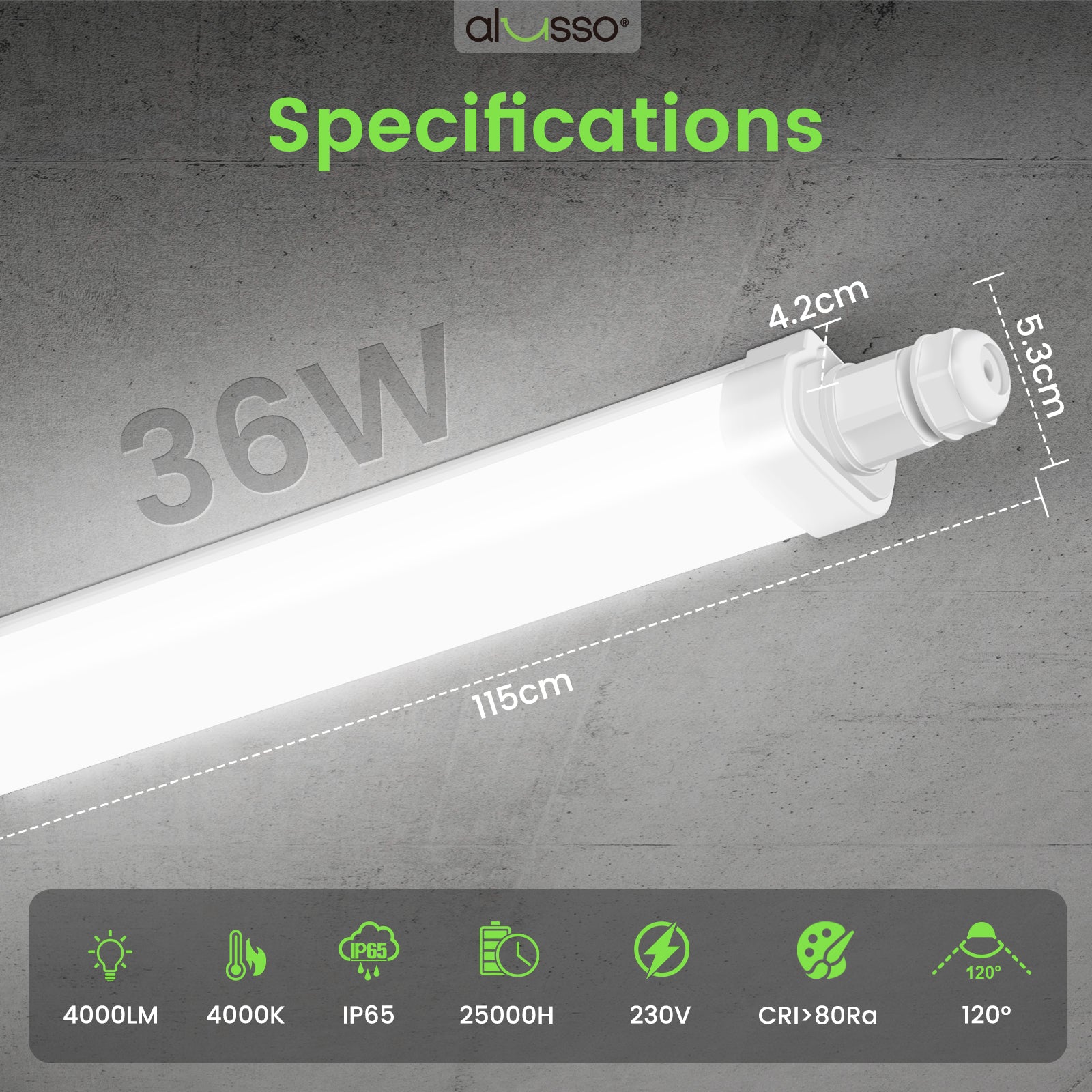 2x LED Tri-proof Ceiling Light 117cm IP65 4000K Linkable 36W Luminaire for Garage, Basement, Workshop, Wet Room, Bathroom, Office, Warehouse