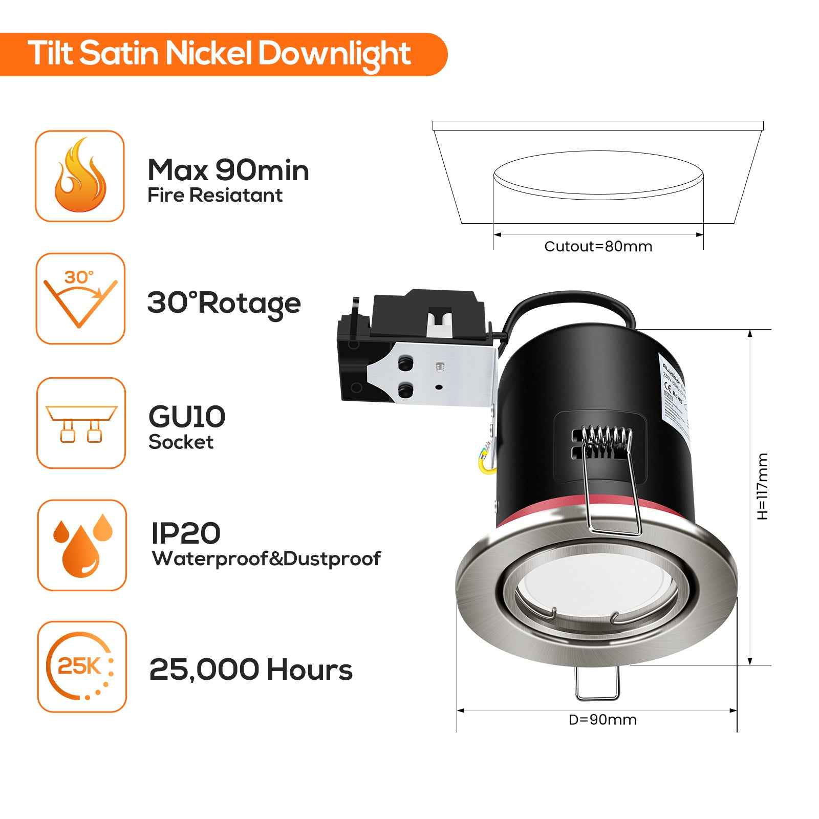 Fire Rated LED Downlight IP20/IP65 Fixed/Tilt Lamp Housing, With/Withgout GU10 Bulbs, Pack of 6 - ALUSSO LIGHTING