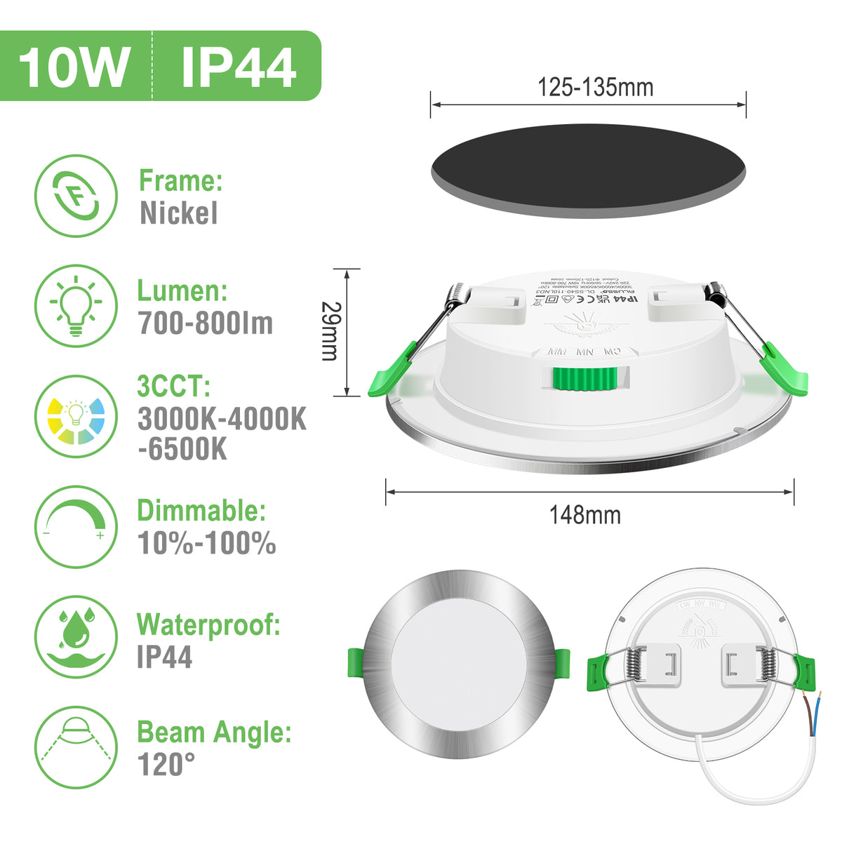 4W 5W 7W 10W 15W 22W Ultra Slim LED Downlight 55-205mm Cutout 3CCT 3000K 4000K 6500K Dimmable IP44 White/Nickel/Black Frame, 6 Pack