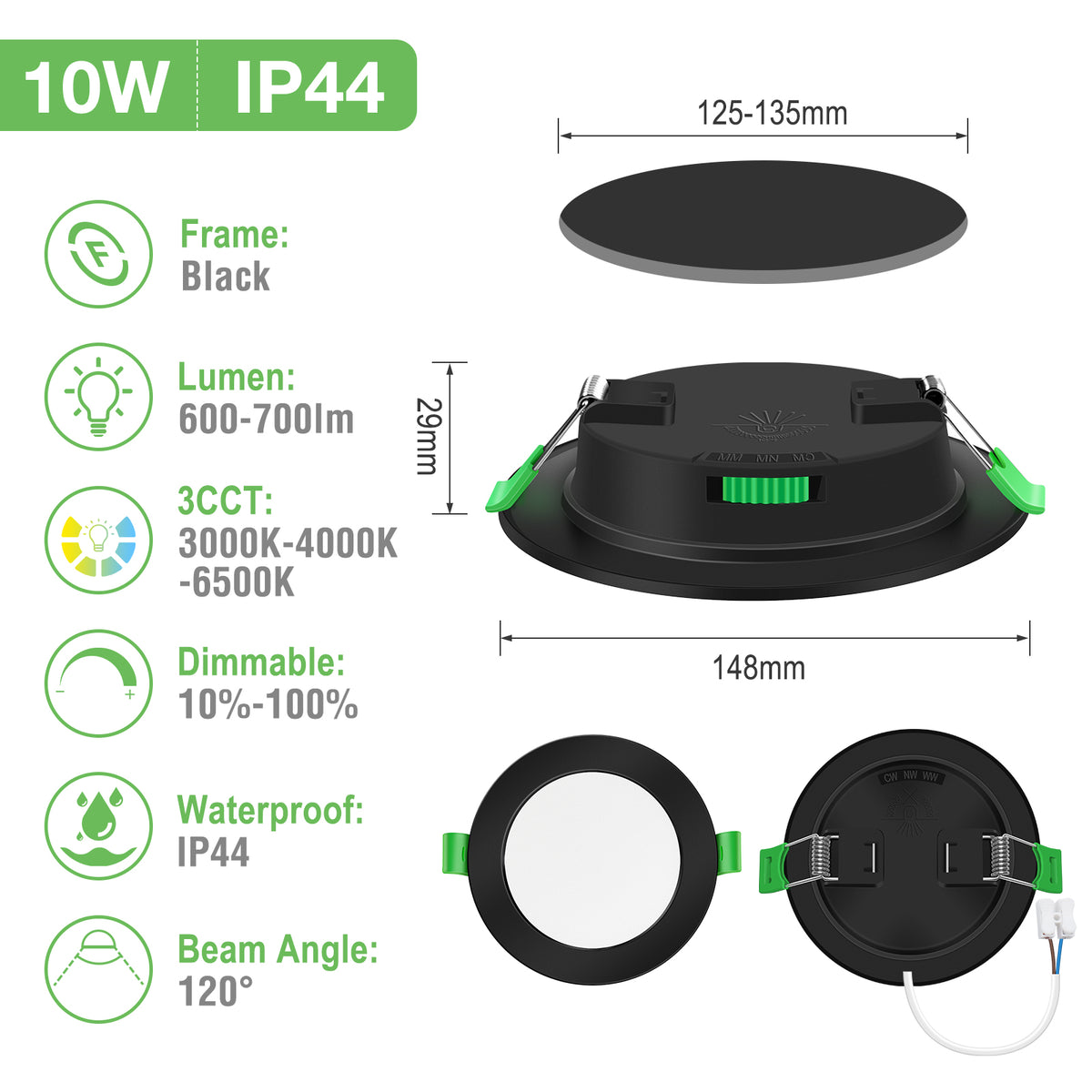 4W 5W 7W 10W 15W 22W Ultra Slim LED Downlight 55-205mm Cutout 3CCT 3000K 4000K 6500K Dimmable IP44 White/Nickel/Black Frame, 6 Pack