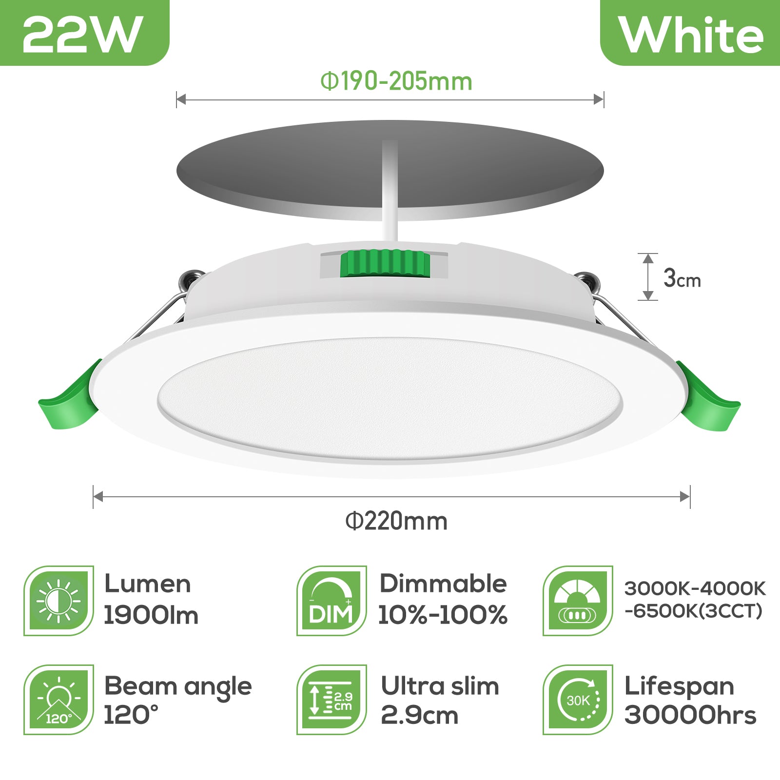 22W Ultra Slim LED Downlight CCT Dimmbar IP44, Ausschnitt 185-205mm 6er-Pack