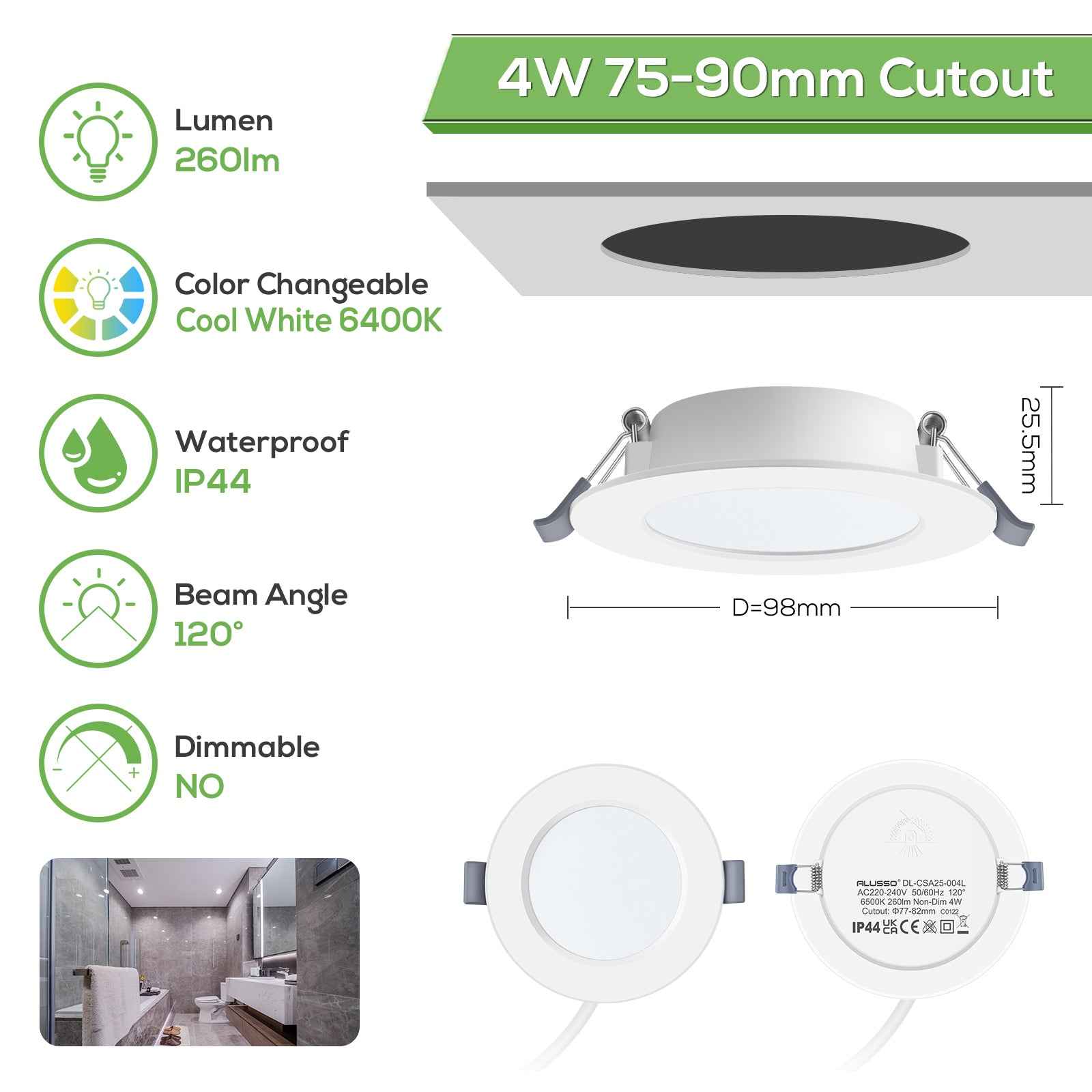 4W Ø75-90mm LED Recessed Ceiling Lights Utral Slim, Cool White 6400K, IP44, 6 Pack - ALUSSO LIGHTING