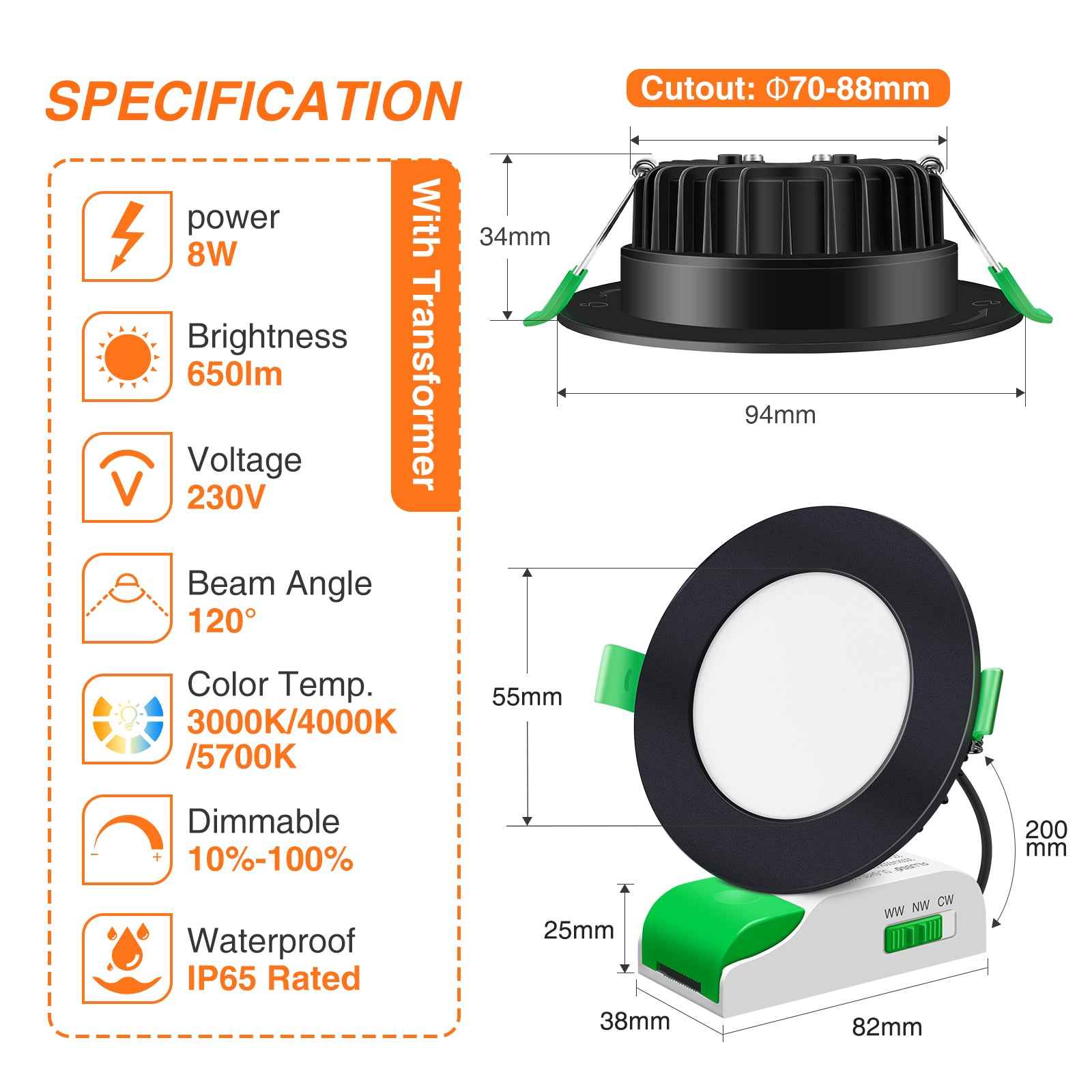 8W LED CCT Dimmable Downlight, Cutout Ø 70-88mm 6 Pack, with External Driver - ALUSSO LIGHTING