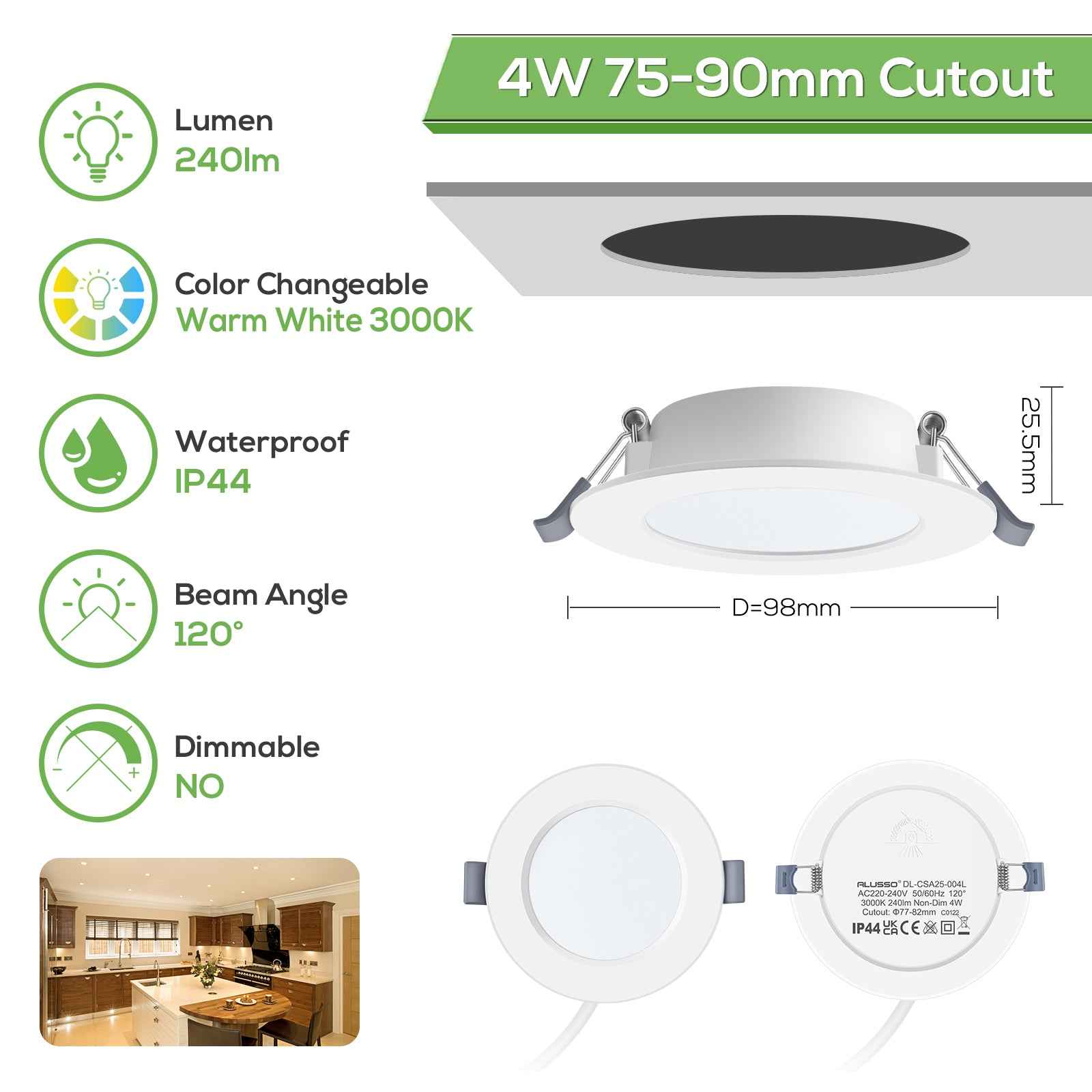 4W Ø75-90mm LED Recessed Ceiling Lights Utral Slim, Warm White 3000K, IP44, 6 Pack - ALUSSO LIGHTING