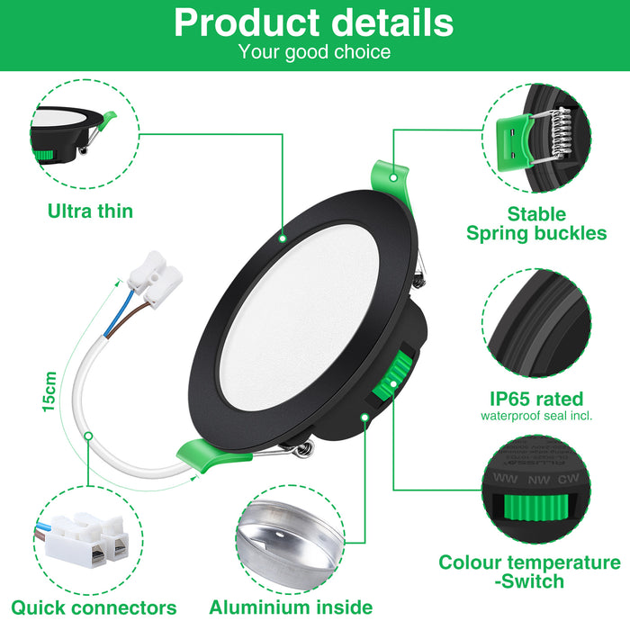 7W Black IP44 LED Downlight Cutout 67-75mm Dimmable CCT Ultra Slim, 6 Pack