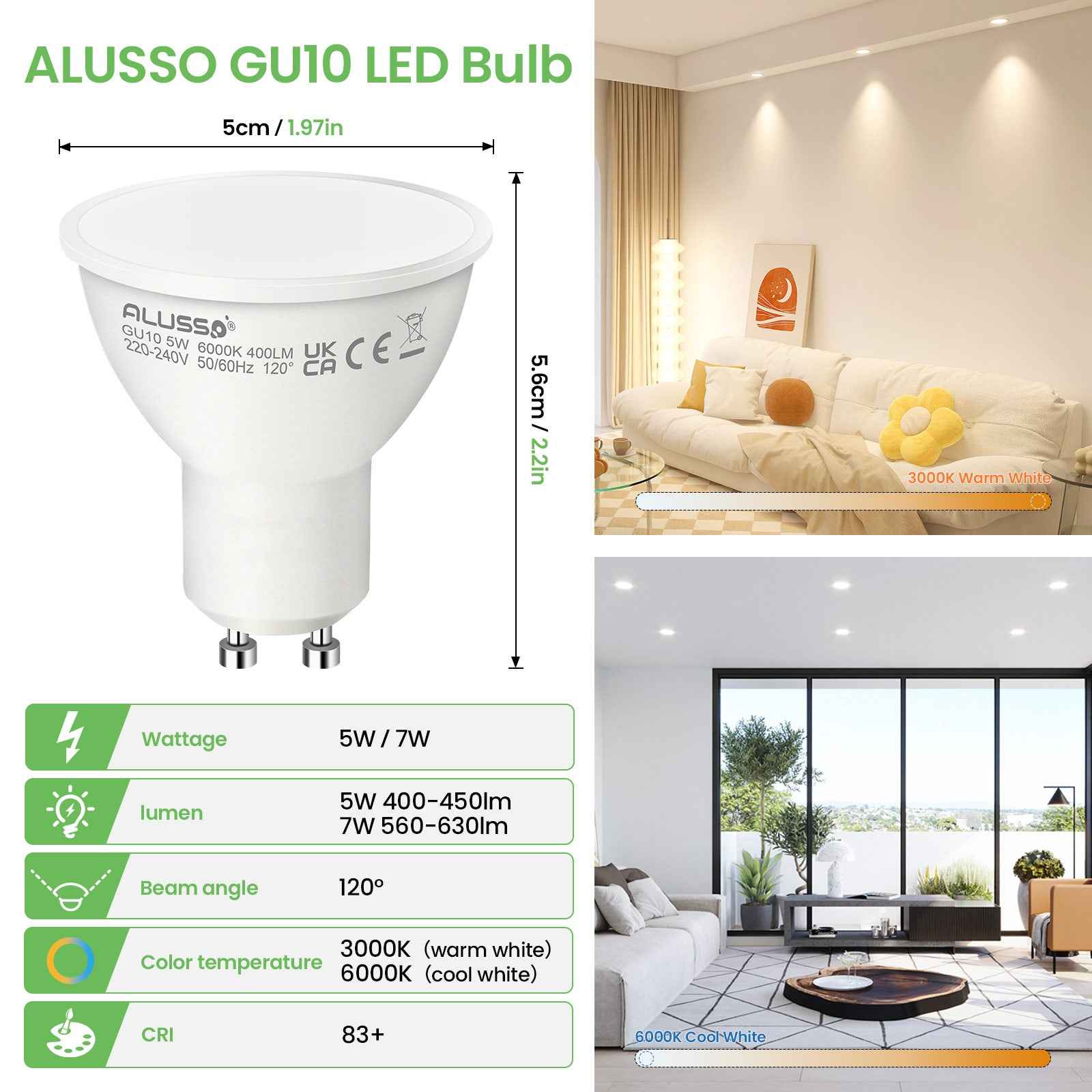 5W 7W GU10 LED Spotlight Bulb 3000K/6000K, 120° Beam Angle, 4/10 Pack - ALUSSO LIGHTING