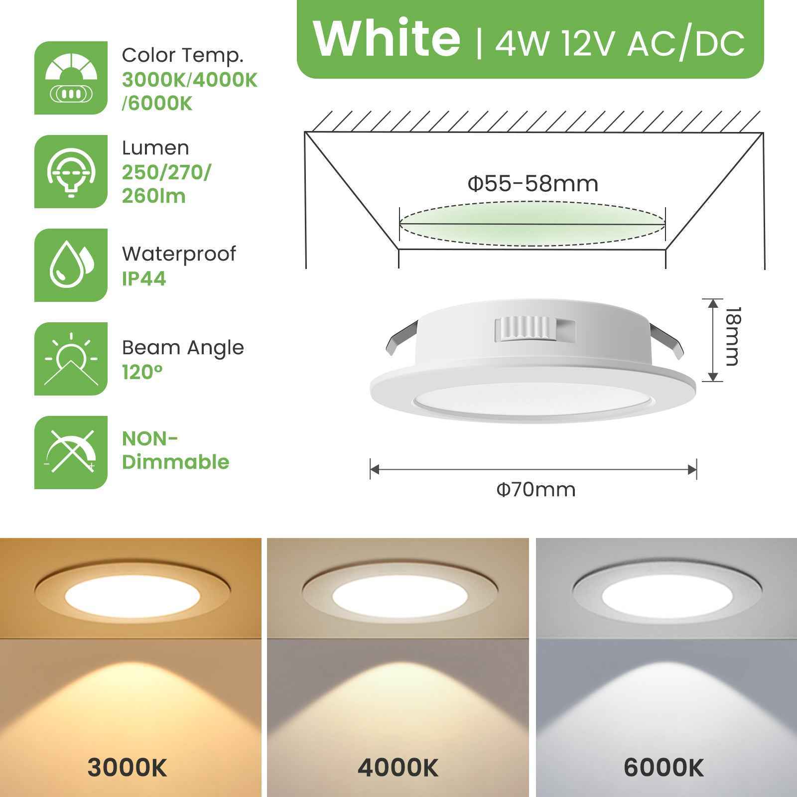 12V AC/DC RV 4W LED Recessed Ceiling Lights 3CCT, IP44, Cutout 55-58mm, 3 Pack, Nickel