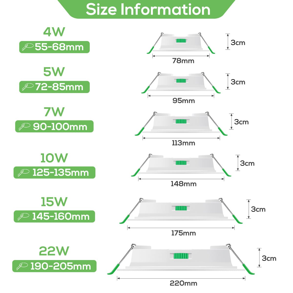 4W 5W 7W 10W 15W 22W Ultra Slim LED Downlight 55-205mm Cutout 3CCT 3000K 4000K 6500K Dimmable IP44 White/Nickel/Black Frame, 6 Pack