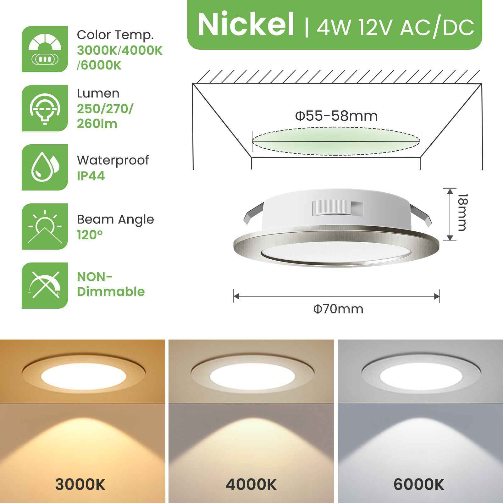 12V AC/DC RV 4W LED Recessed Ceiling Lights 3CCT, IP44, Cutout 55-58mm, 3 Pack, Nickel