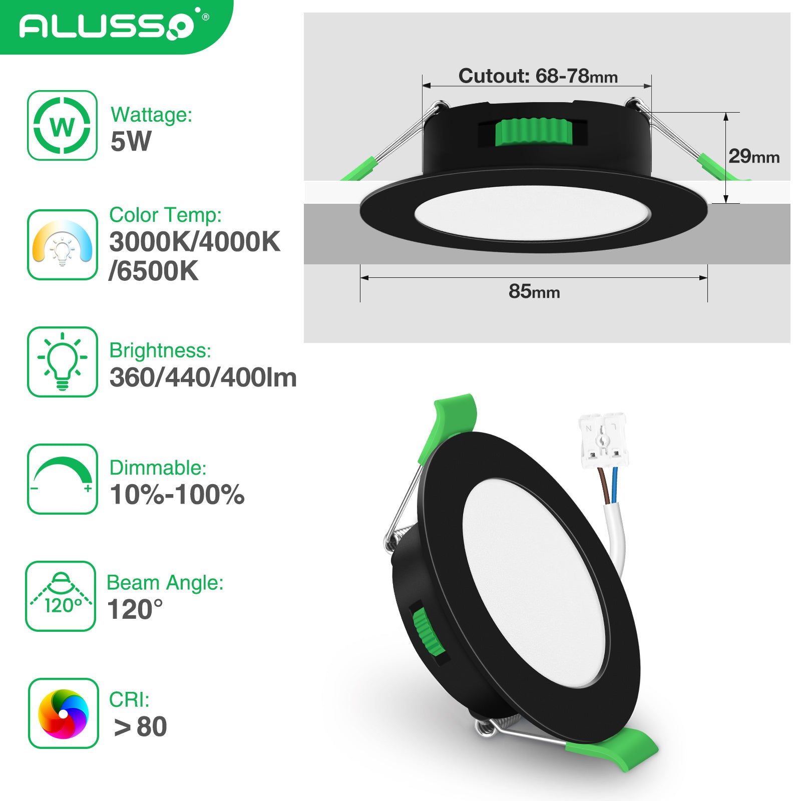 10 Pack 5W 68-78mm Cutout Ultra Slim LED Downlight 3CCT 3000K 4000K 6500K Dimmable IP44 White/Nickel Frame