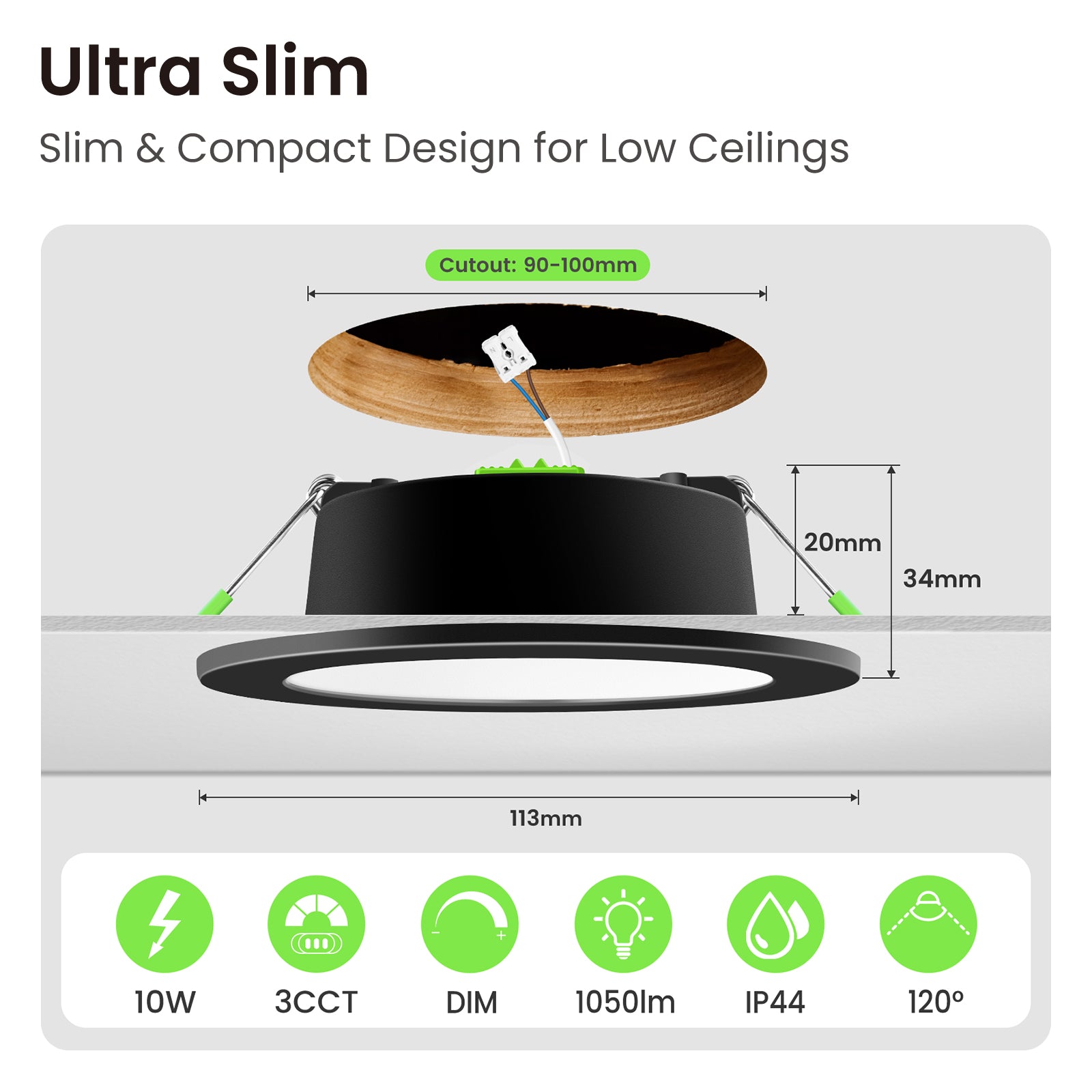 8W 10W 12W 90-130mm Recessed Led Ceiling Lights 1200lm High Bright, Tri-Color, Dimmable, IP44/IP65, 6 PACK