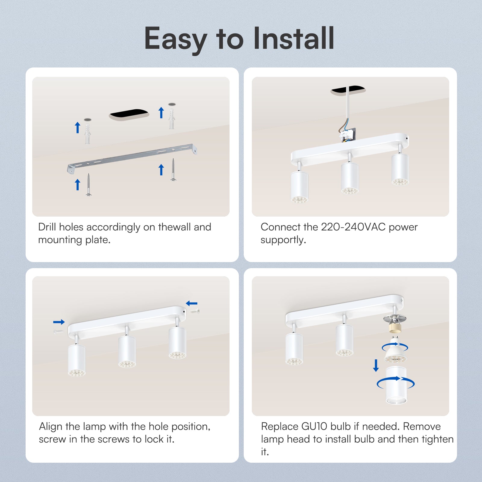 5W LED Spot Light 2-3 Heads Rotable GU10 2700K/3000K-4000K-6500K Swivelling Ceiling Track Fixture, Black