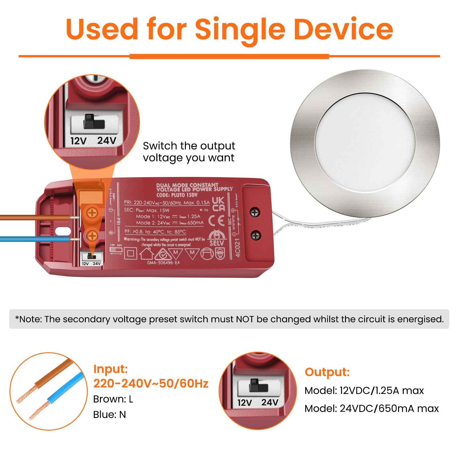 DC 12V/24V LED Driver Power Supply Transformer+extension cable+Junction box 15W - ALUSSO LIGHTING