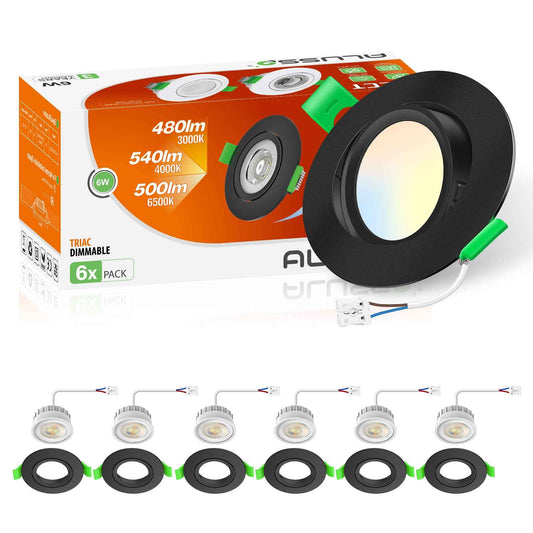 6W ∅75-78mm Swiveling Black Recessed Led Ceiling Lights Tilt Angle, Tri-Color, Dimmable, 60°/120° Variable Beam Angle, IP20, 6 PACK - ALUSSO LIGHTING