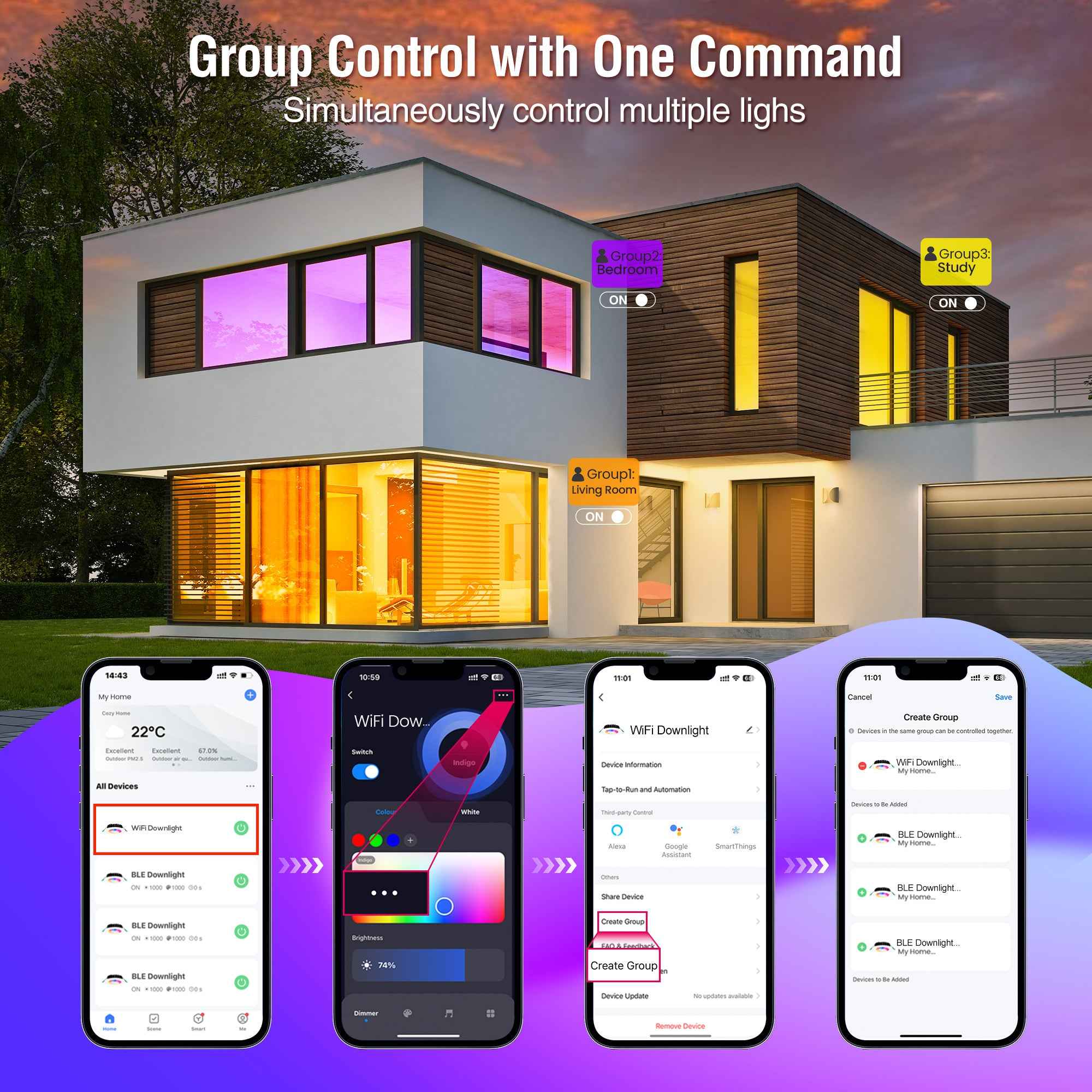 WiFi 8W LED Smart Bluetooth Downlight, Cutout 70-80mm, 4 Pack - ALUSSO LIGHTING