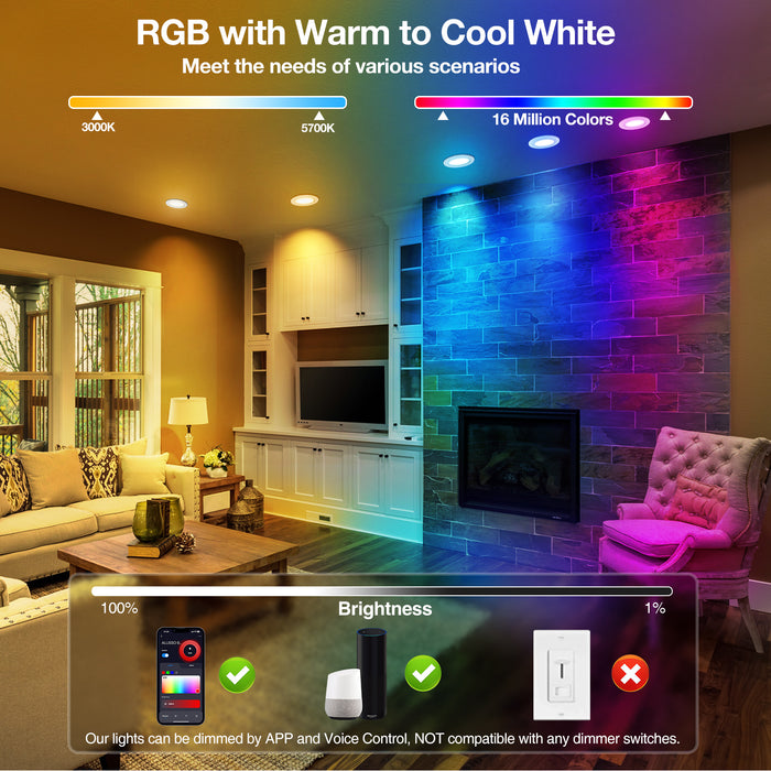 WiFi 8W LED Smart Bluetooth Downlight, Cutout 70-80mm, 4 Pack