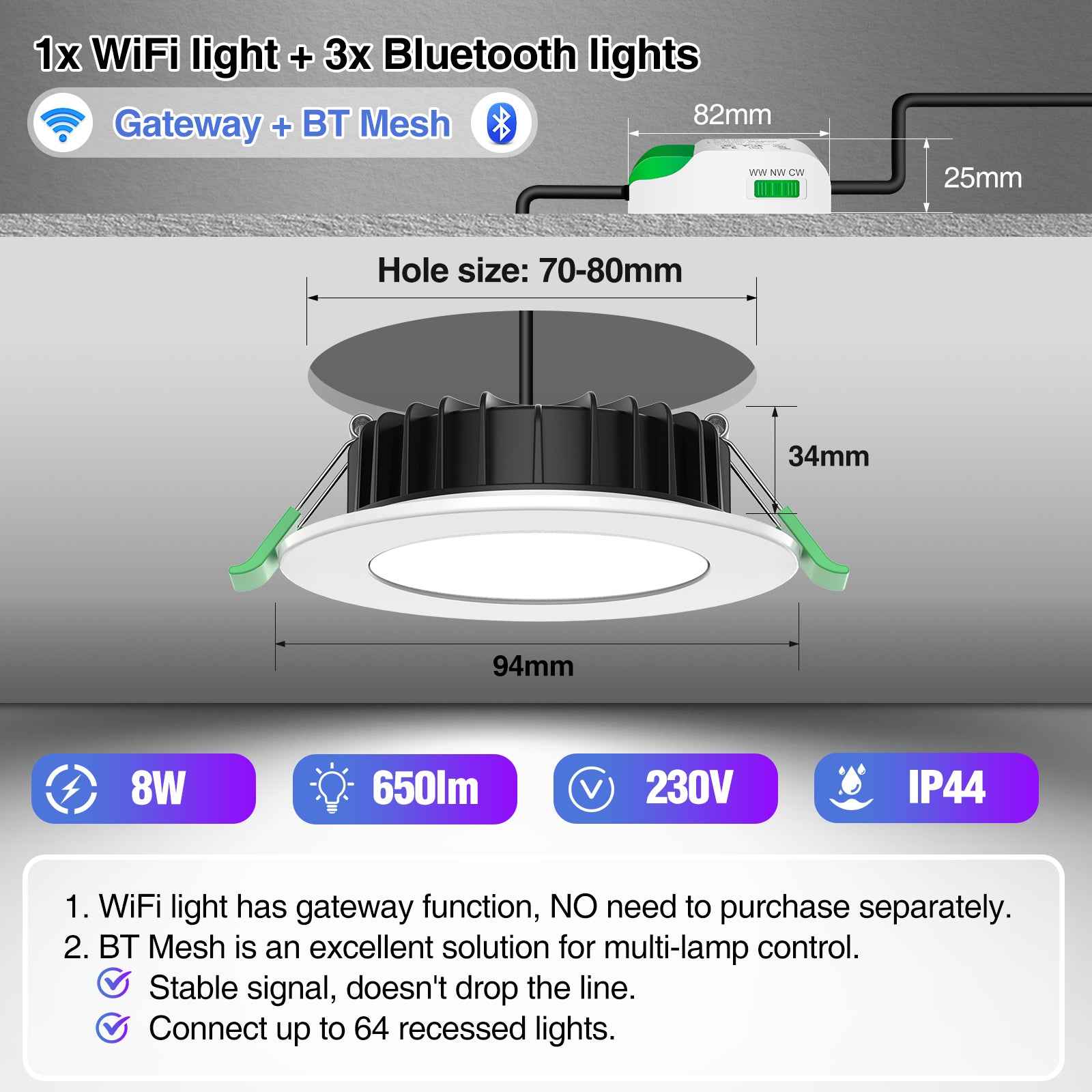 WiFi 8W LED Smart Bluetooth Downlight, Cutout 70-80mm, 4 Pack - ALUSSO LIGHTING