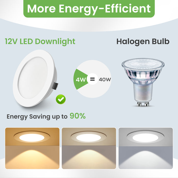 12V AC/DC RV 4W LED Recessed Ceiling Lights 3CCT, IP44, Cutout 55-58mm, 6 Pack, White / Nickel