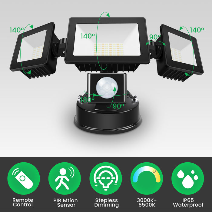 Triple Head 30W LED Security Flood Light with PIR Motion Sensor, 2400lm, IP65