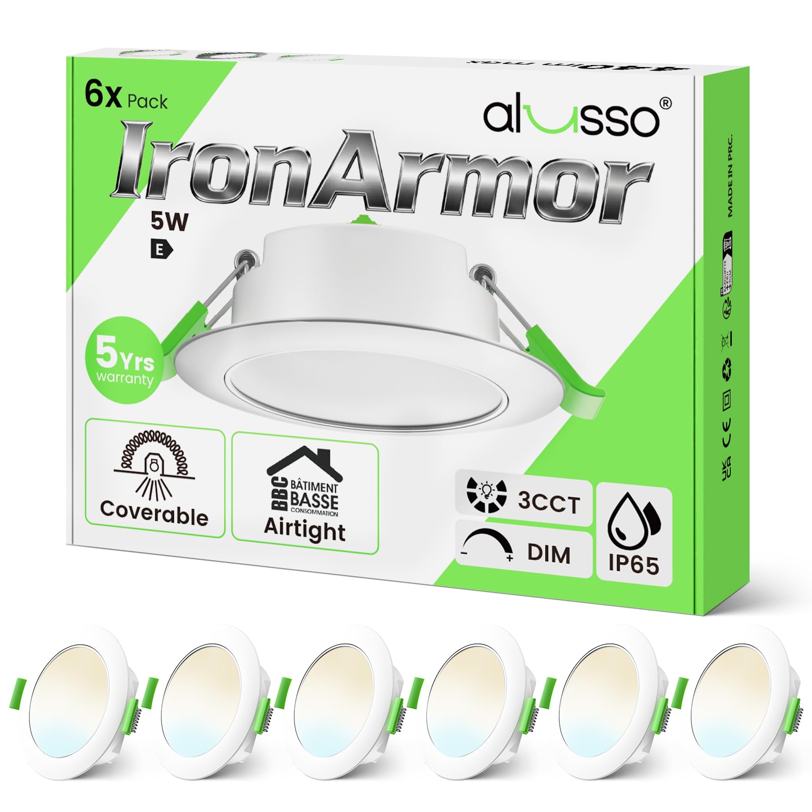 5W Iron LED Recessed Downlight 67-75mm Cutout 3CCT Dimmable IP65, Airtight Insulation Coverable, IC-Rated White Fame, 6 Pack