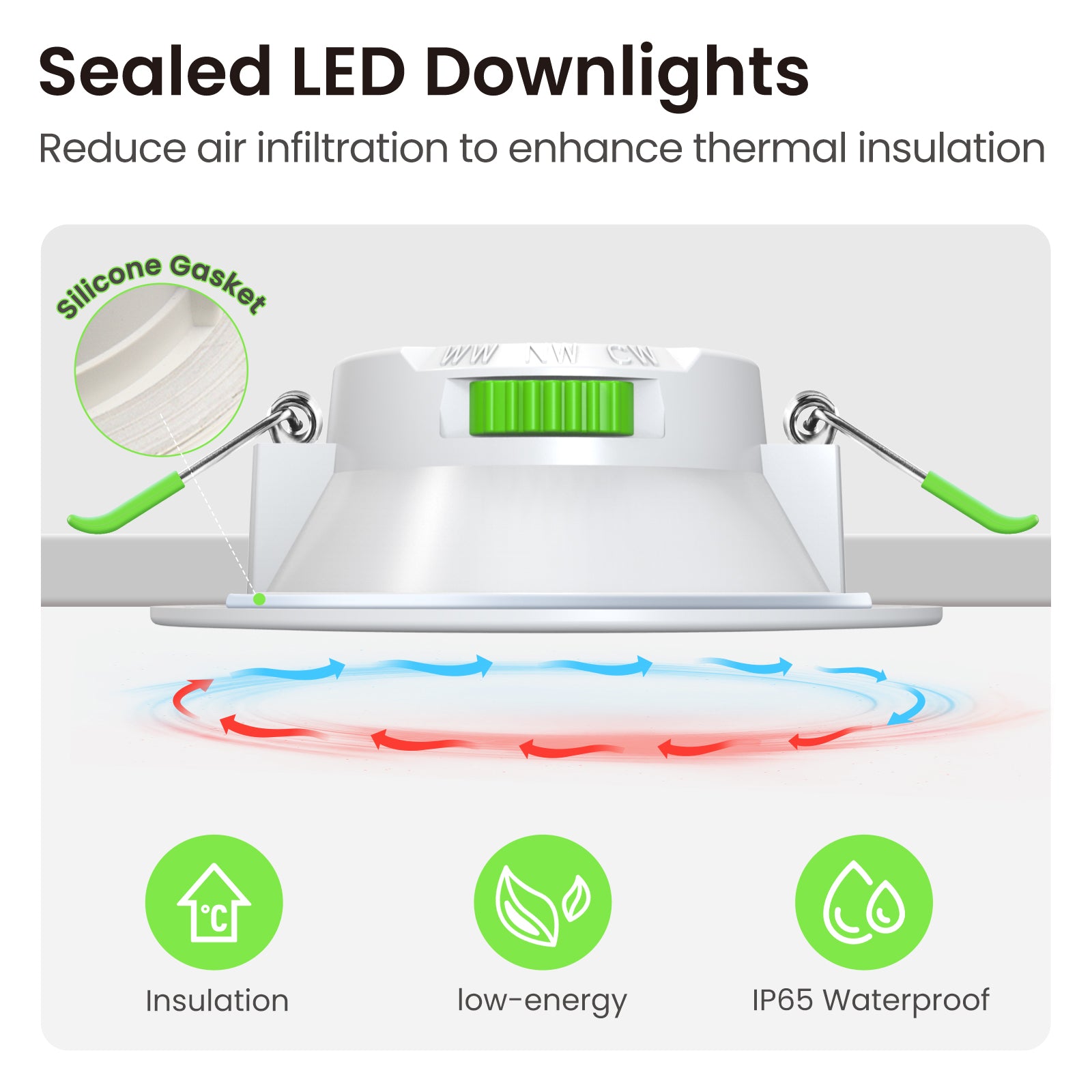 8W 10W 12W 90-130mm Recessed Led Ceiling Lights 1200lm High Bright, Tri-Color, Dimmable, IP44/IP65, 6 PACK
