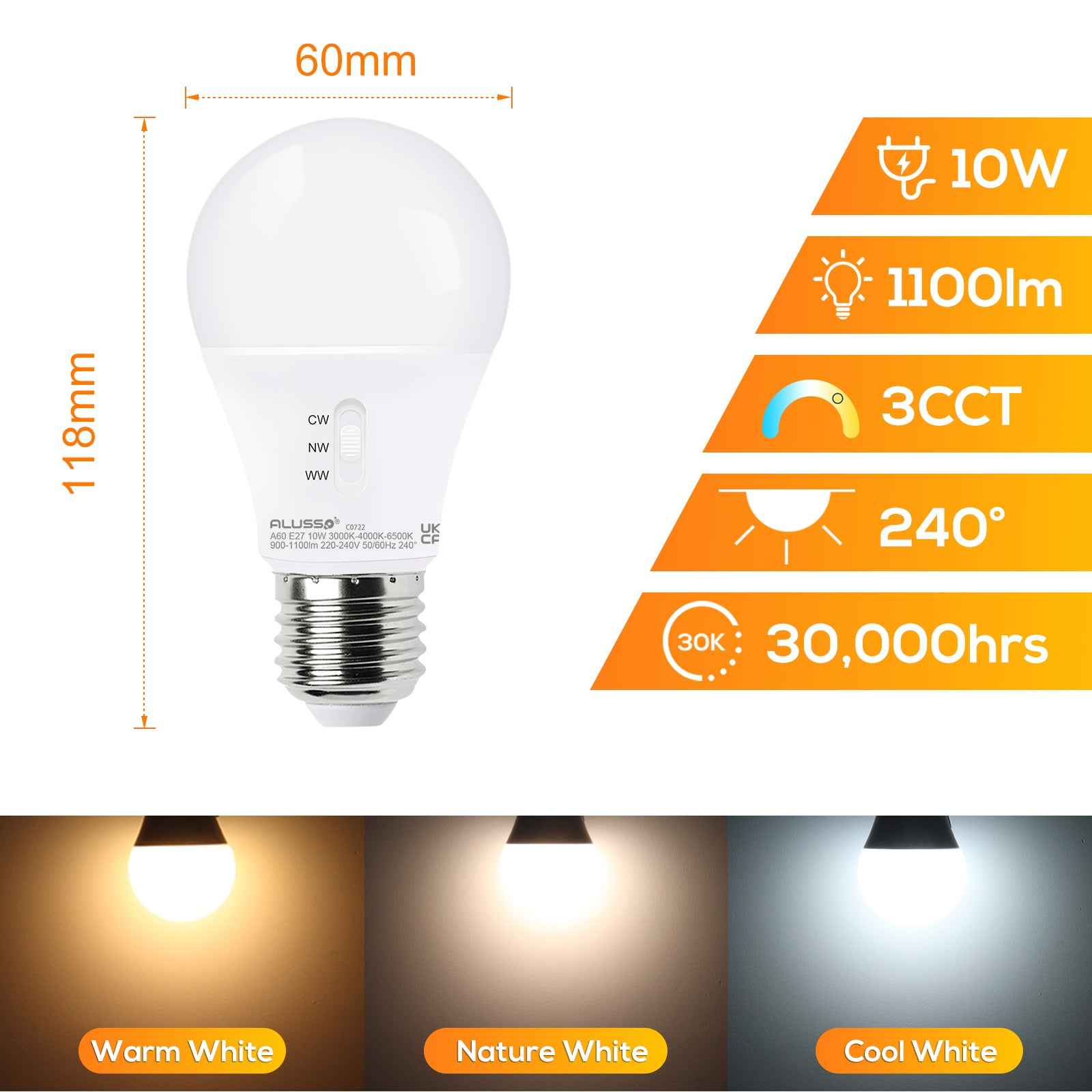 GU10/E27 LED Spotlight Bulb 8W/10W CCT 3000K/4000K/6500K, 120°/240° Beam Angle, 10 Pack - ALUSSO LIGHTING